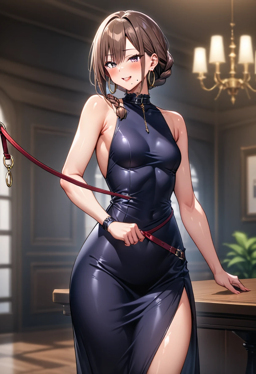    detailed face   ,    Detailed Body Rendering   ,   Alone、  masterpiece ,    High Quality   , 8k,    hoop earrings   ,   depth of field,   is standing,shiny skin, (silk dress)、 brown hair ,  Single Blade ,    is standing、  ((  do  ,)), shiny skin,SKINNING   ,{{{{{   game cg}}}}},, 最   High Quality   ,    High Quality  ,    Very Sophisticated   , , shiny skin,((tiny Breasts:1.2)),(  sleeveless),(curvy ),Bitter smile,30th Generation,(((single braid)),((mole under mouth)),blush,Kind Face, leash, back view