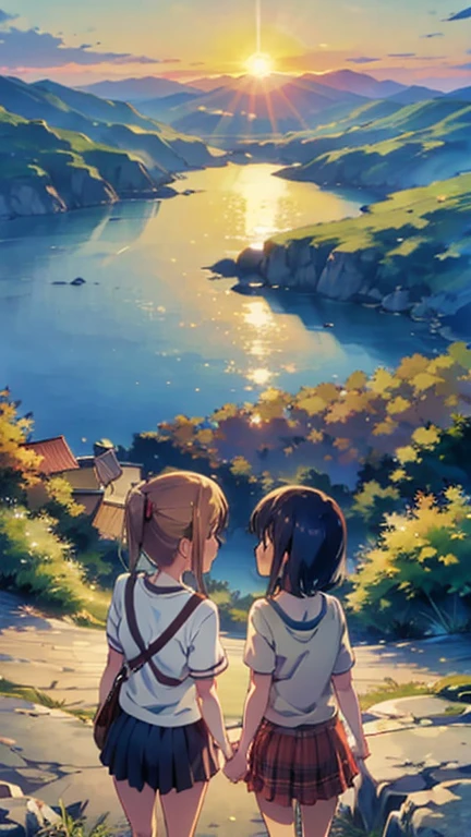   two girls、キスをしている  two girls、 hill overlooking the ocean 、 big canyon {x} the sun sets