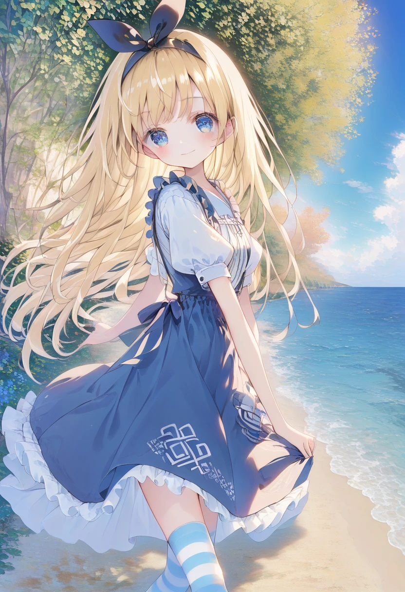 [  WAI-ANI-NSFW-PONYXL  :100],
score_9, score_8_up, score_7_up, score_6_up, score_5_up, score_4_up, masterpiece, best quality, source_anime,
alone,cute 1girl,(loli),blonde hair,straight long hair,blunt bangs,Black ribbon hairband,blue eyes,blush, smile,( Alice in Wonderland costume ), black and white striped stockings,pastel hues,walking in the seaside path,blurred edges,nostalgic mood,(dappled sunlight:1.2),blurry,(depth of field:1.1),Delicate rural landscape ,blue sky,arched back、 beautiful flower field on one side 、Look down and smile、リフトスカート、(beautiful detailed eyes),colorful