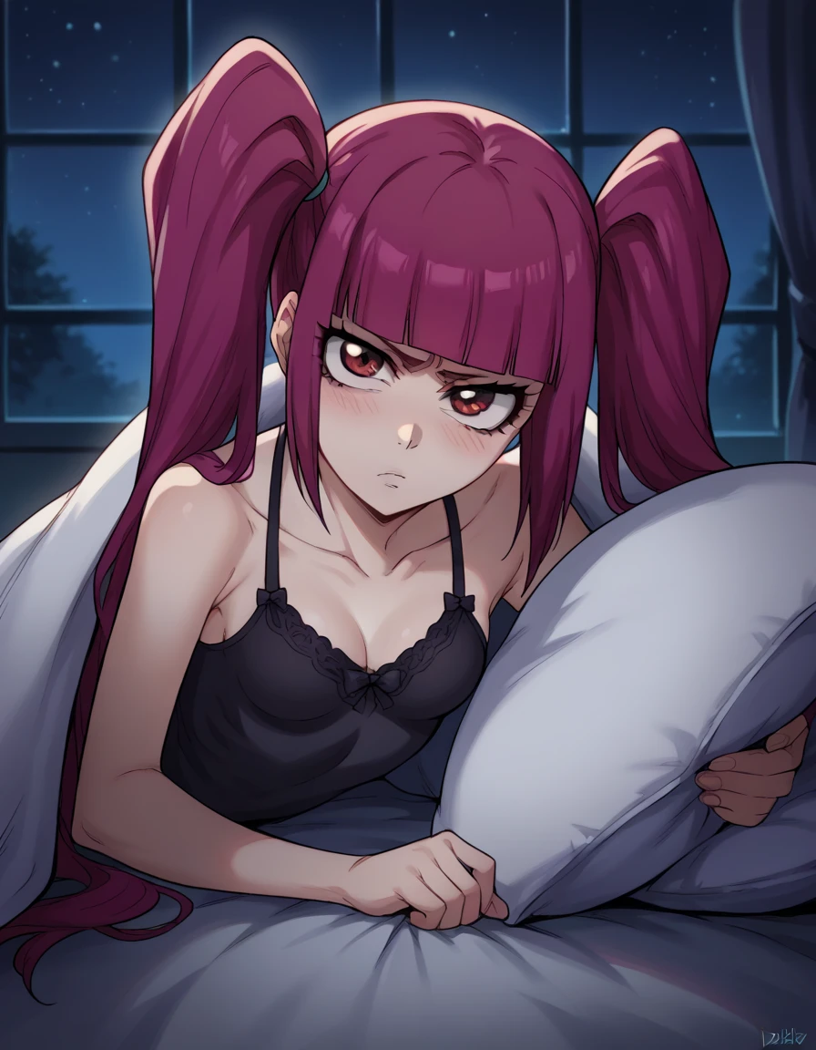 score_9, score_8_up, score_7_up, source_anime, riruka dokugamine, long hair, twintails, red eyes, purple hair, bangs, blunt bangs, small breasts,       skinny, petite body, cleavage, looking at viewer, bed invitation, on bed, on side, pillow, under covers, dimly light, nightgown, night, windows, bedrrom, shy , blush, 