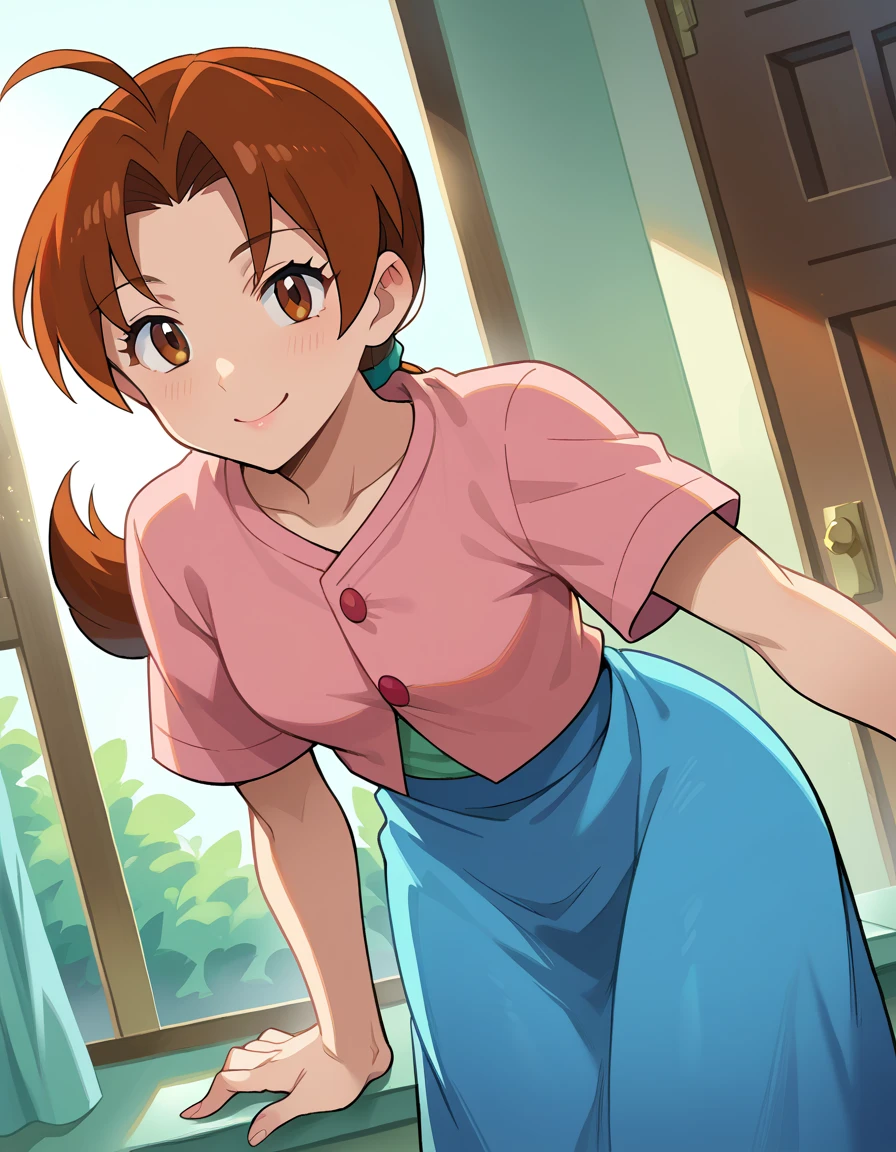 score_9, score_8_up, score_7_up, source_anime,
deliaketchum, deliaketchum, brown hair, brown eyes, parted bangs, ahoge, ponytail, low ponytail,
shirt, pink shirt, short sleeves, skirt, blue skirt, long skirt,
indoors, bent over, smile,
looking at viewer, cowboy shot, dutch angle,