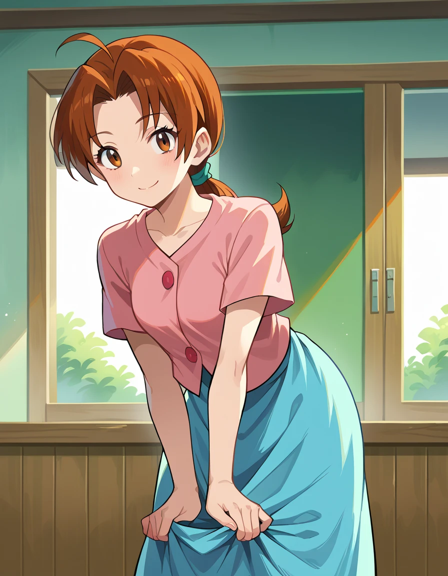 score_9, score_8_up, score_7_up, source_anime,
deliaketchum, deliaketchum, brown hair, brown eyes, parted bangs, ahoge, ponytail, low ponytail,
shirt, pink shirt, short sleeves, skirt, blue skirt, long skirt,
indoors, bent over, smile,
looking at viewer, cowboy shot, dutch angle,