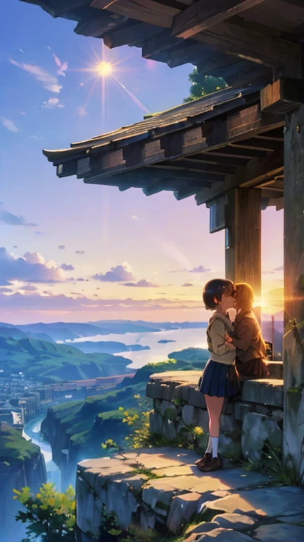   two girls、キスをしている  two girls、 hill overlooking the ocean 、 big canyon {x} the sun sets