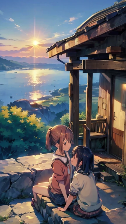   two girls、キスをしている  two girls、 hill overlooking the ocean 、 big canyon {x} the sun sets