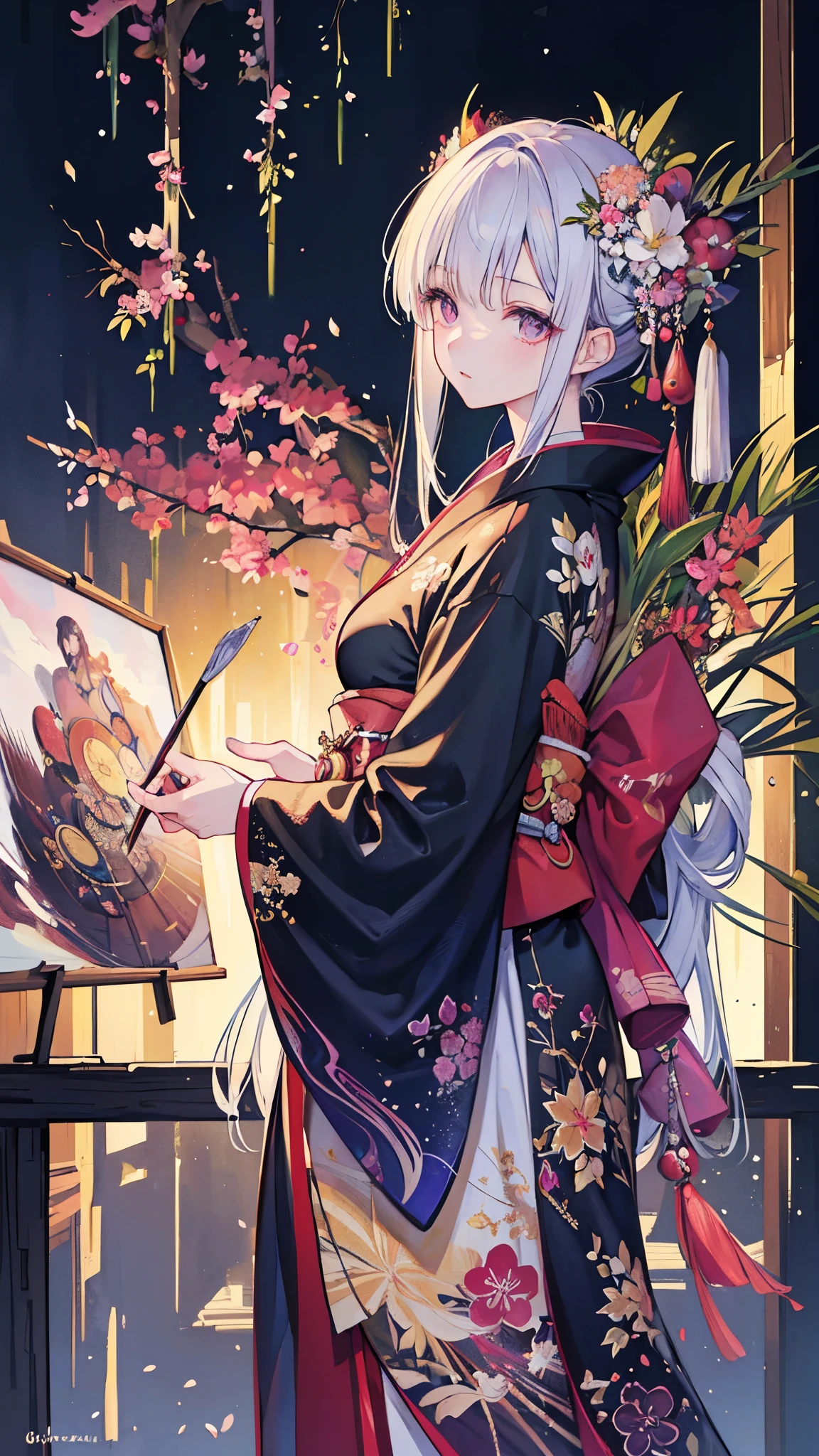 (( top quality)),( super high resolution ),( more),( detailed description ),(( best CG )),( Best Artwork ), Ultra Precision Art, Amazing Painting Art,(Exquisite art:1.5), A woman in a kimono, Yingchun, Pine, bamboo and plum