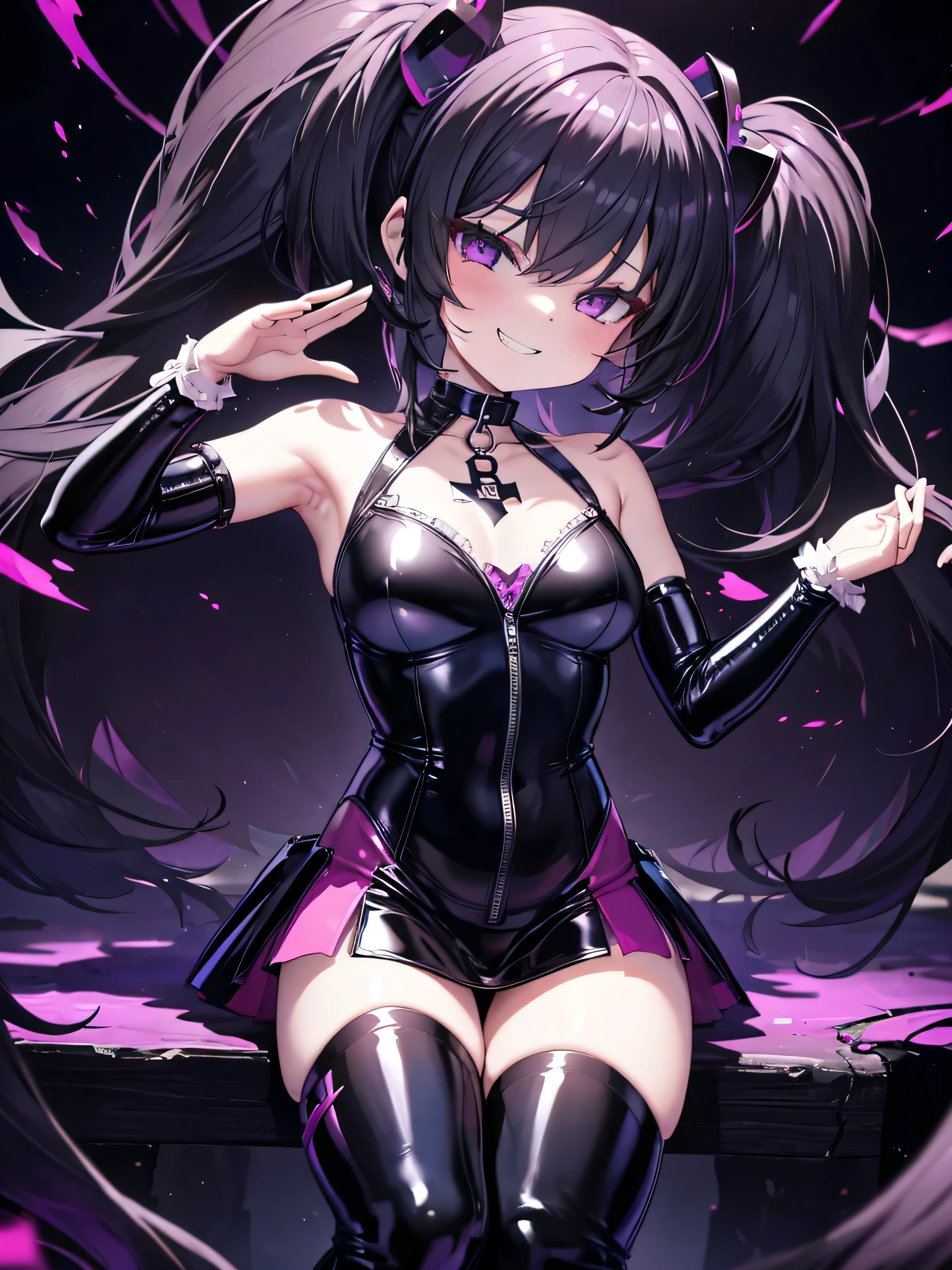 BDSM、Queen、mistress、(((One girl)))、solo、(((Long gloves covered to the fingertips in black latex:1.4 )))、(((Black latex corset dress:1.4)))、(((The corset dress is decorated with beautiful lace.)))、(((Corset dress with shoulder straps)))、(((Black latex tight mini skirt:1.4)))、(((Black Thigh Boots)))、(((Black fishnet stockings:1.2 )))、Stiletto heels、(((Black latex panties)))、(((Black latex bra)))、(((Black leather collar)))、(((Sexy pose:1.4 )))、Wide-open legs:1.2、(((Erotic)))、(((Cowboy Shot)))、Masseter muscle area, 最high quality, 超A high resolution, 最high quality, Anime Style, Best lighting, Beautiful Face, (One Girl,),Dancing,(((Ai Hoshino Dresses))),(((Stars in your eyes:1.6 ))),Microphone in right hand,((Colorful atmosphere)),Wink,(((Cute Style))),((saturated color)),(Ai Hoshino),Big eyes,Eyes of Fantasy,Purple Hair,Happy,hair accessory,((high quality)),touch pink and black dress,Anime Idol,