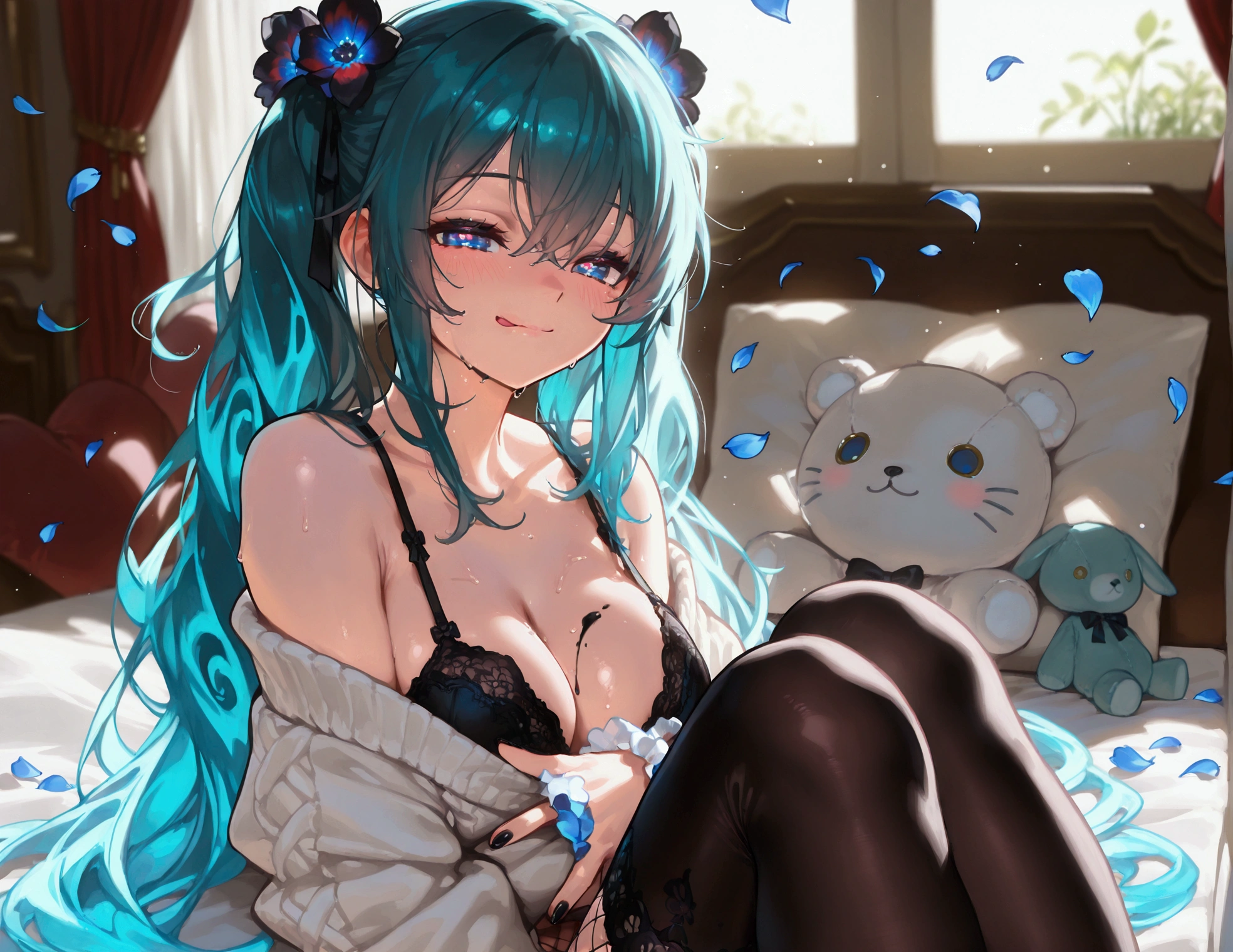 (Best quality, 8k, 32k, Masterpiece, UHD,:1.2),RAW, 1girl,ultra cute , natural lighting,transparent shining eyes, 20yo ,fair complexion, long hair, french braid, flushed face,femur, pale blue hair, cat ear, long hair, half updo, ((pale blue bra and panties:1.3)), all fours, From Below, medium breast, Emphasizing the Cleavage, seductive, sexy, lace trim, lace Details, nude, naked, on bed, shiny, wedgie, heart mark, ((cat tail))