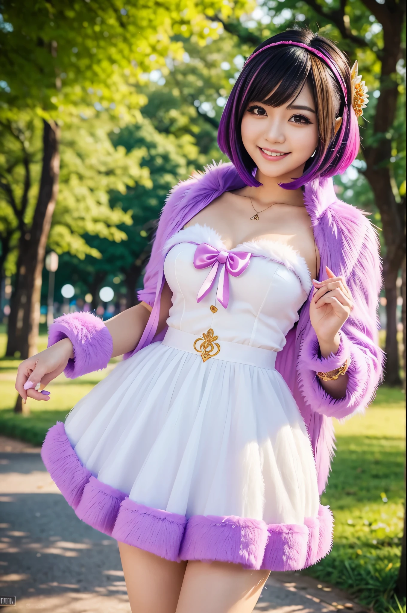 ultra sexy female, (-anime), only 1 female, very short hair, beautiful smile, lipgloss, long lashes, defined eyebrows, detailed fox anime cosplay, fluffy fur vivid colors outfit, cosplay accessoires, fox ears, vivid colors, look at the camera, cinematic light, large park background with trees, sweet and sexy pose