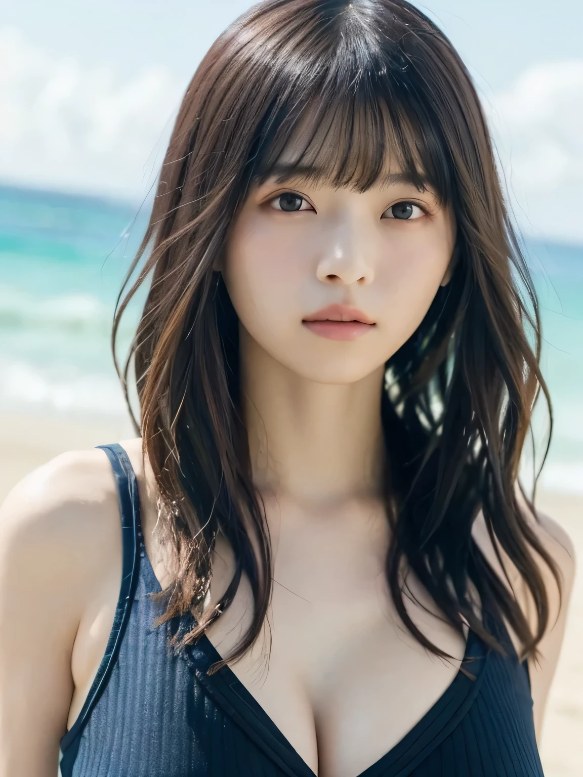 photorealistic ( Beautiful pretty face: 1.3) whole body Long straight black hair With bangs Triangle Bikini Big Breasts Decent face