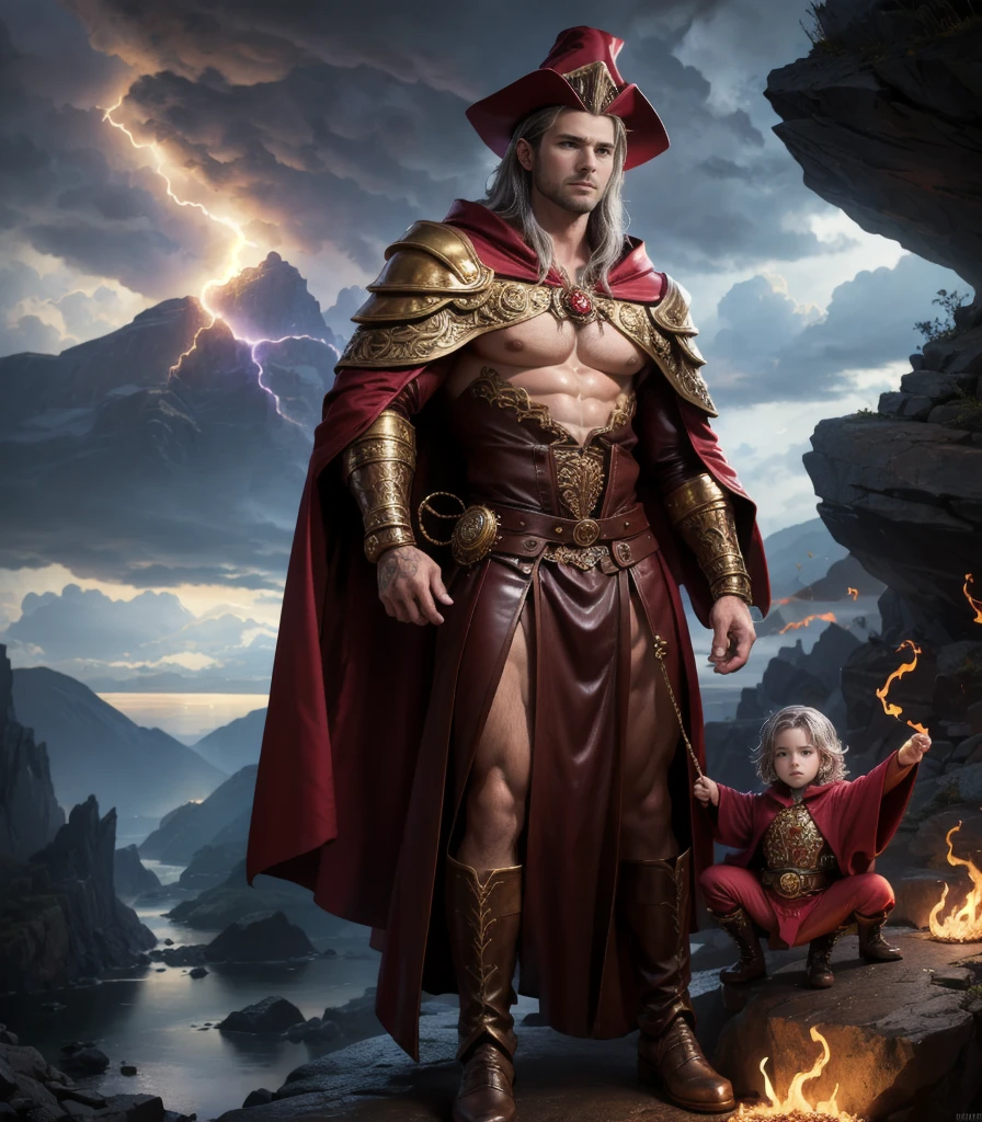 two men, 2 boys,  male ,  Masterpiece,  hyperrealistic image of an extremely attractive 30-year-old man ,  round face and stylish silver hair ,  wearing sexy and luxurious Renaissance red wizard robes ,  exposed chest ,  pointed witch's hat , broad,  luxurious and ornate , compact high leather boots,  pushes another handsome 30-year-old Latino man with light brown hair wearing sexy purple wizard robes against a rocky cliff, storm clouds in the background, good heavens, Flaming Floor ,  highly detailed ,  intricate details ,   sharp focus,  dynamic lighting,  dynamic shadows , no watermark