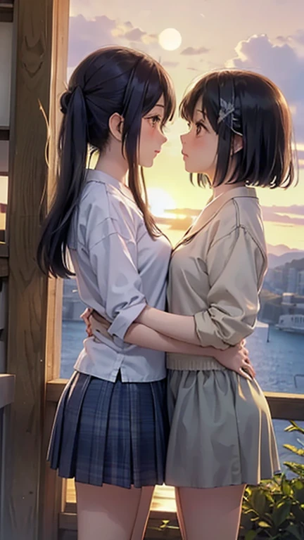   two girls、キスをしている  two girls、 hill overlooking the ocean 、 big canyon {x} the sun sets