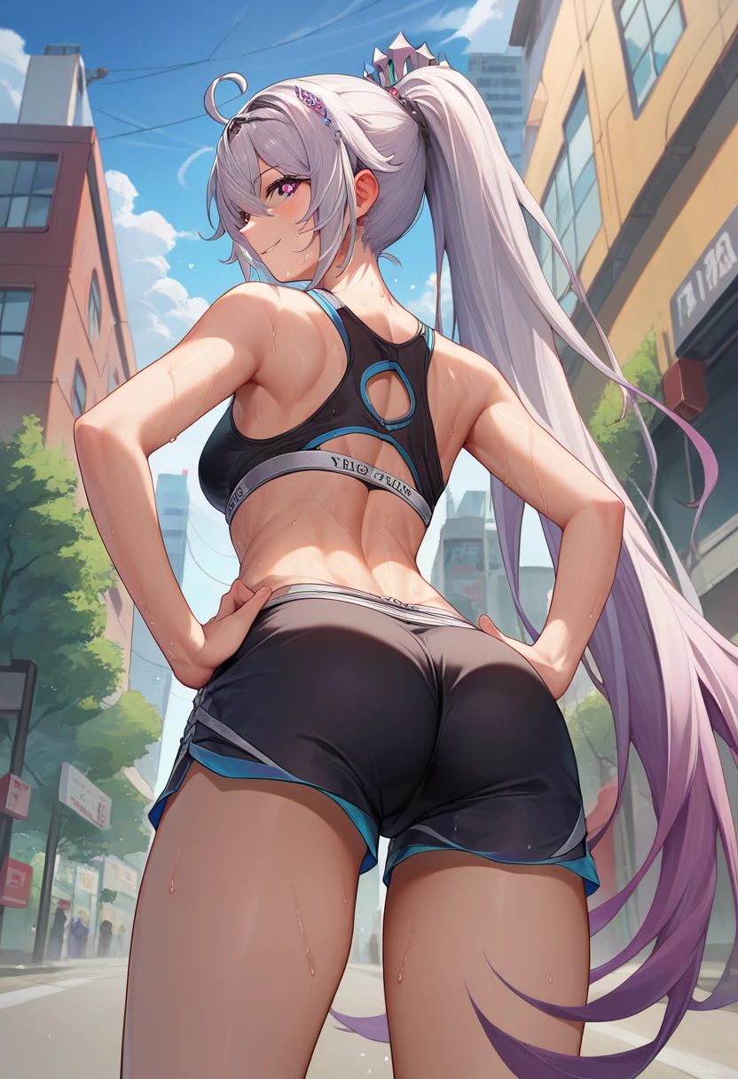 score_9, score_8_up, score_7_up, source_anime, from behind, solo, 1girl, herrscher of finality, sweat, smile, looking back, hands on own hips, very long hair, ahoge, high ponytail, hair ornament, crown, symbol-shaped pupils, black sports bra, black shorts, short shorts, ass, outdoors, city street 