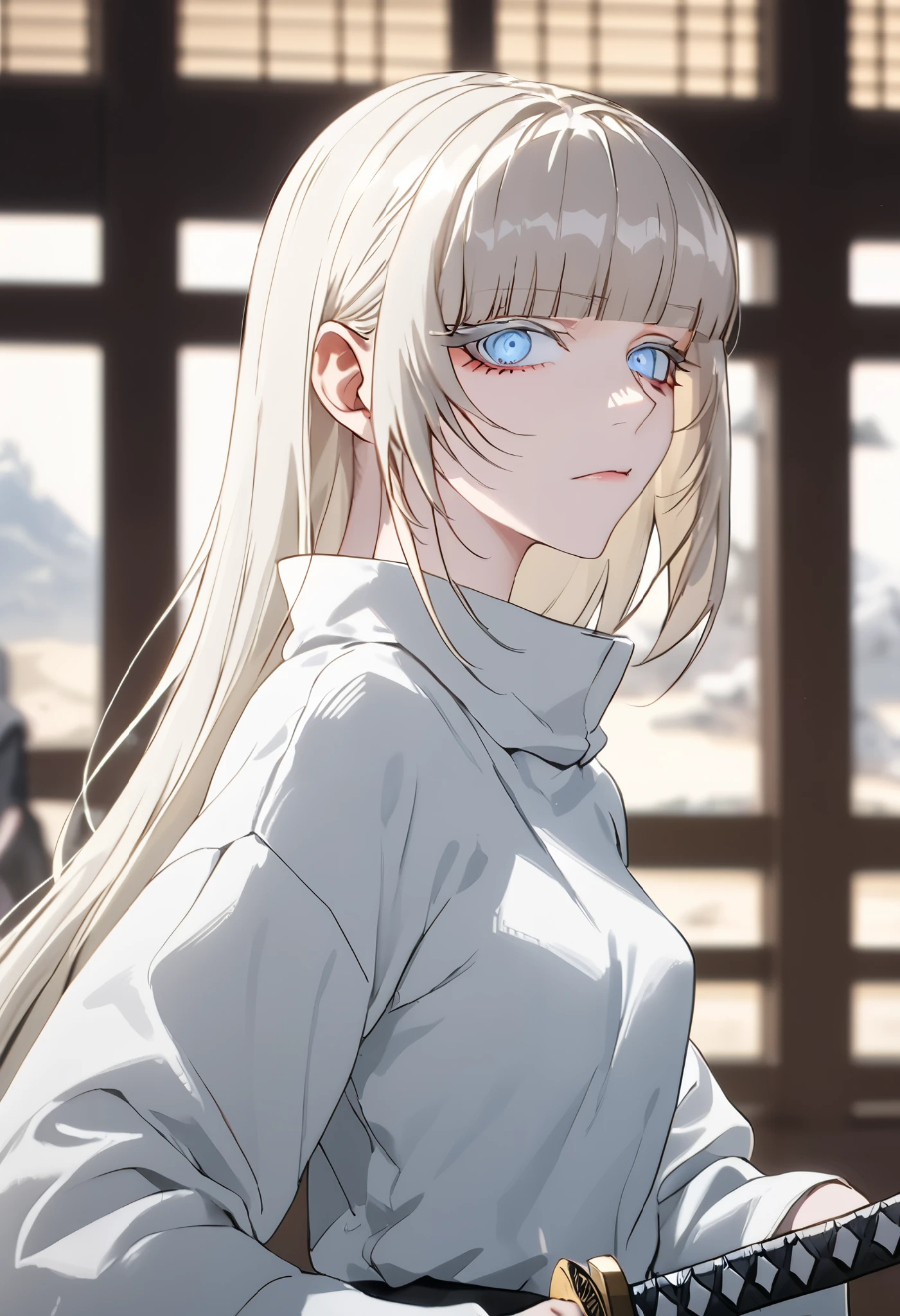 Anime style, 1 girl, 1 sexy girl, white pale skinned girl, porcelain skin, blue eyes, (HAIR: light blonde straight cut, long length, full bangs covering eyebrows, side framing fringe, extra long hair ) (BODY: flat chested, skinny, short )(best quality, 4k, 8k, highres, masterpiece:1.2), ultra-detailed, HDR, UHD, studio lighting, detailed eyes, ultra-fine painting, sharp focus, physically-based rendering, extreme detail description, professional, vivid colors, in a dojo, holding a katana, score_9, score_8_up, score_9_up, source_anime