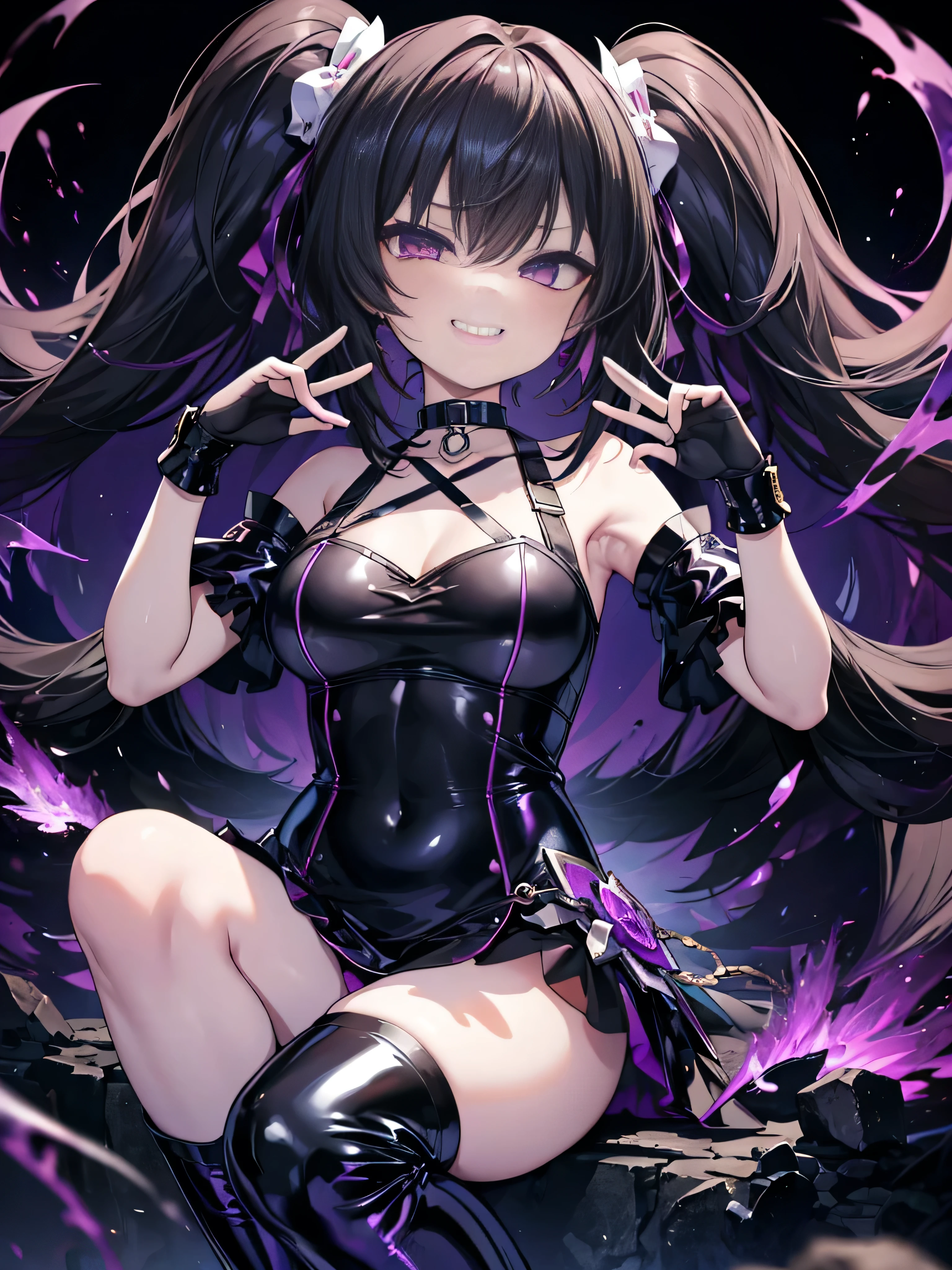 A  girl, little, big chest, black top with star ribbons, tights in a large mesh, fishnet pantyhose, Slut, whore, The city, Neon, the night, hairlong, wide thighs