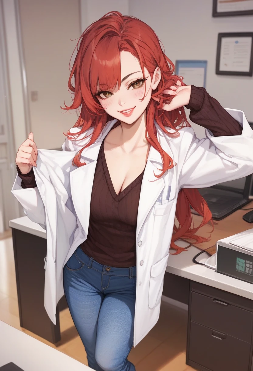 (adult woman), Blush,  fair skin , lab coat, sweater shirt,  jeans,  long red hair , ( brown eyes ), (naughty face),  pretty face, chest, ( tilted forward ), Sensual, Mais alta qualidade,standing pose, (Bottom: In front of the office table)