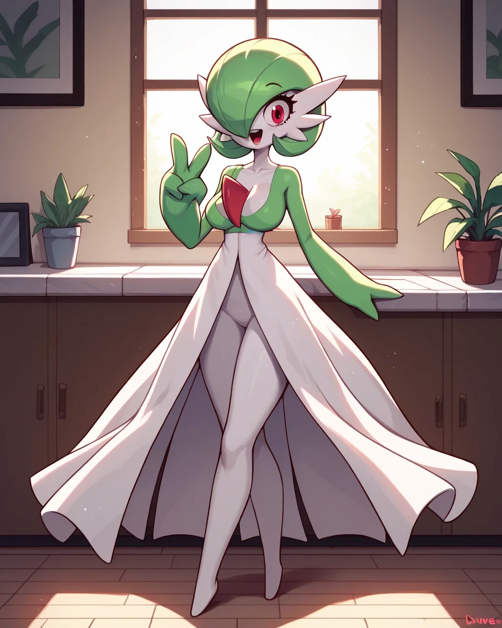 score_9, score_8_up, 1girl, gardevoir, happy, full body, indoors, human proportions, looking at viewer, by diives, big breast implant