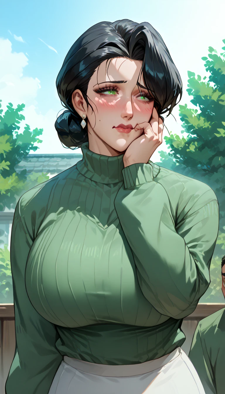 Mature woman, MILF, very large breasts, olive green cardigan sweater, long white skirt, black hair, hair tied in a bun, shy embarrassed face, one hand on her cheek, and the other hand under her bust 