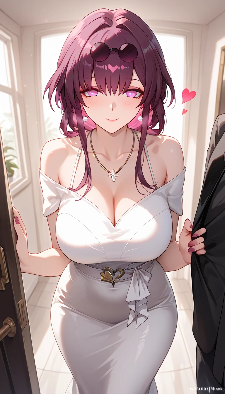 ultra-detailed,(best quality),((masterpiece)),(highres),original,extremely, 1girl, kafka,honkai  star rail, milf, beautiful woman, beautiful body, mature,  purple eyes, wife,milf, purple hair, large breasts, happy,smile, closed mouth, blush, in heat, blush, long hair, Tight long dresses ,standing,breast grab,love, heart,