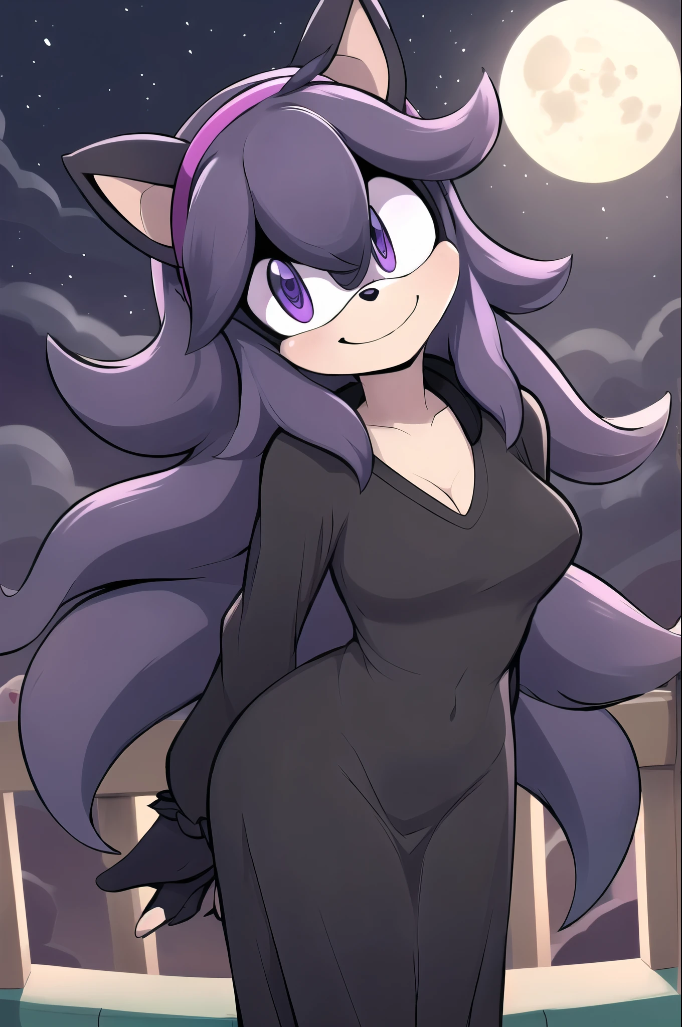 ((masterpiece,best quality)), absurdres, hex maniac (pokemon), long hair, ahoge, purple hairband, purple eyes, @_@, long black dress, smile, looking at viewer, cowboy shot, head tilt, full moon, hands behind back, (Mobian), cat, Mobian cat, sonic oc, Sonic the hedgehog series style, solo, 1girl