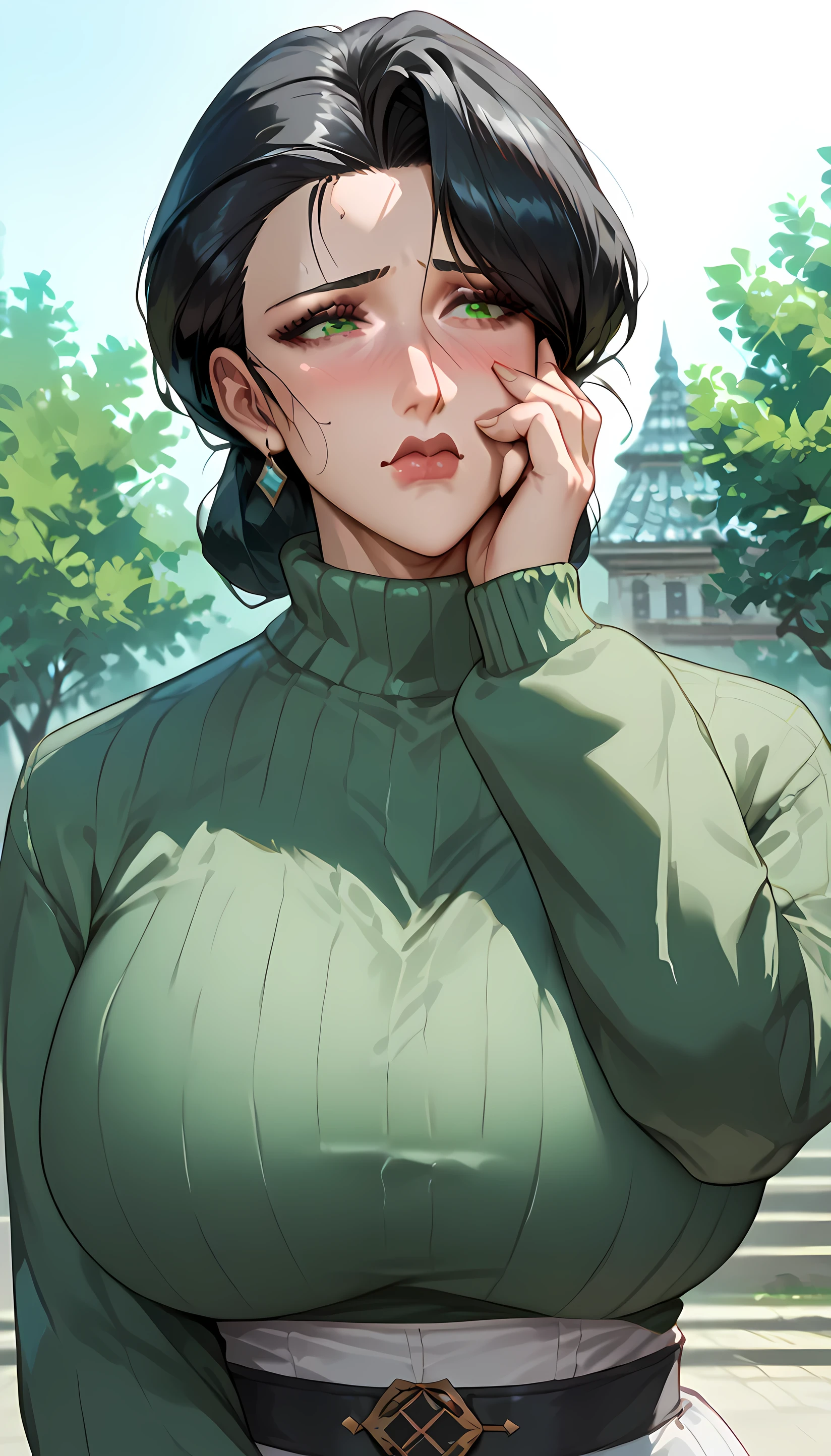 Mature woman, MILF, very large breasts, olive green cardigan sweater, long white skirt, black hair, hair tied in a bun, shy embarrassed face, one hand on her cheek, and the other hand under her bust 