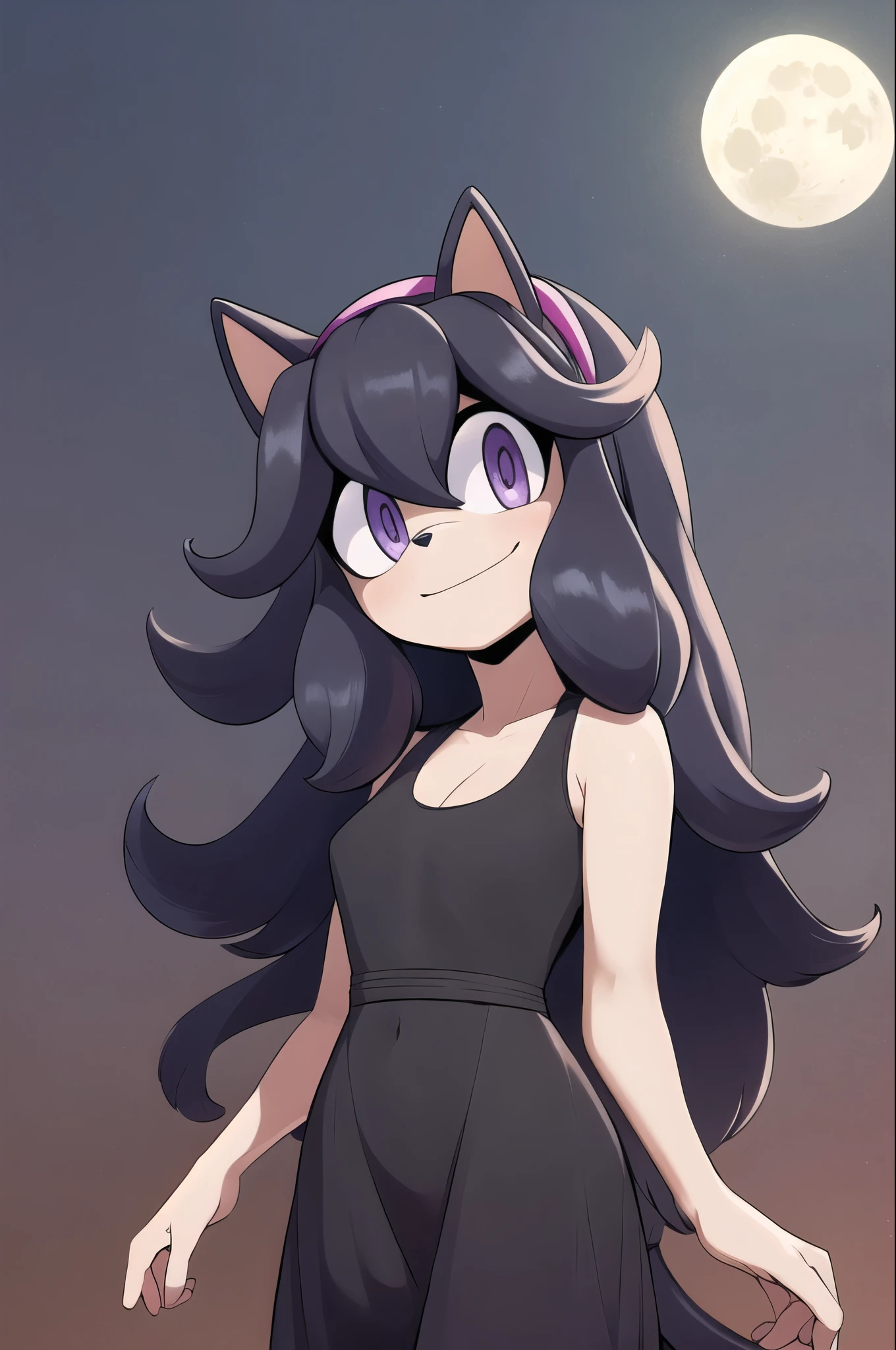 ((masterpiece,best quality)), absurdres, hex maniac (pokemon), long hair, ahoge, purple hairband, purple eyes, @_@, long black dress, smile, looking at viewer, cowboy shot, head tilt, full moon, hands behind back, (Mobian), cat, Mobian cat, cat tail, sonic oc, Sonic the hedgehog series style, solo, 1girl
