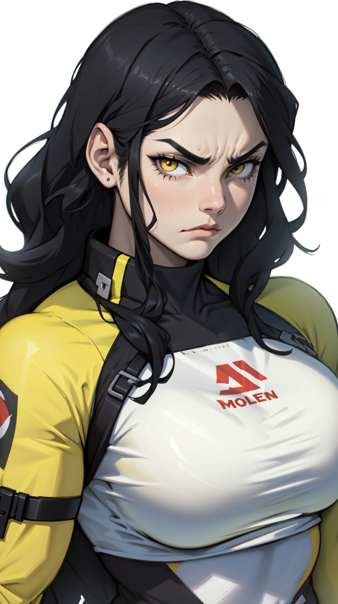 girl muscles ????????????? pale skin black hair yellow eyes skintight sad female