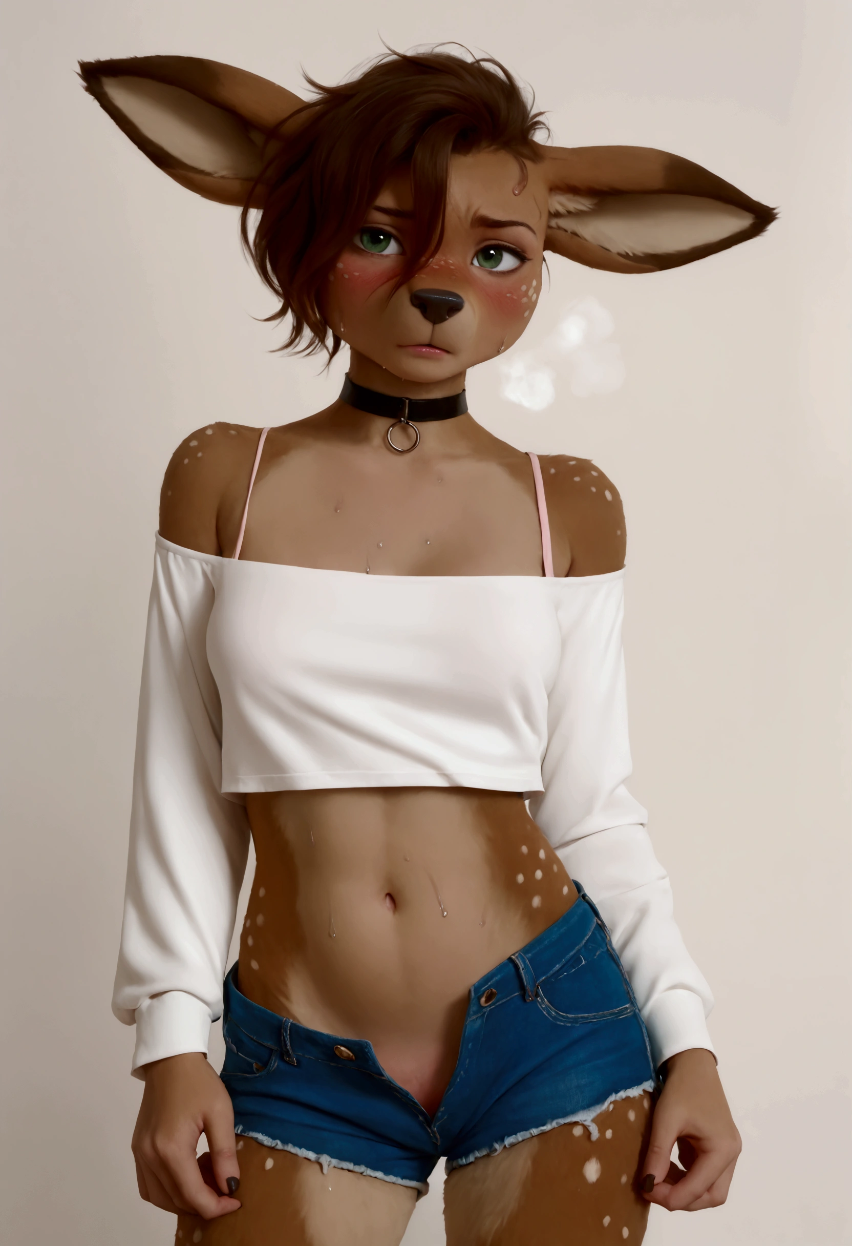 score_9, score_8_up, score_7_up, realistic 3D, furry anthro, lotte, deer girl, furry female, body fur, animal nose, snout, animal ears, green eyes, brown hair, short hair, freckles, medium breasts, chocker, crop top, navel, midriff, long sleeves, off-shoulder shirt, cutoff denim shorts, sweat, blush, embarrassed, flushed face, how breath, offshoulder, sweating, disheveled, sloppily dressed, open fly,aftersex, solo