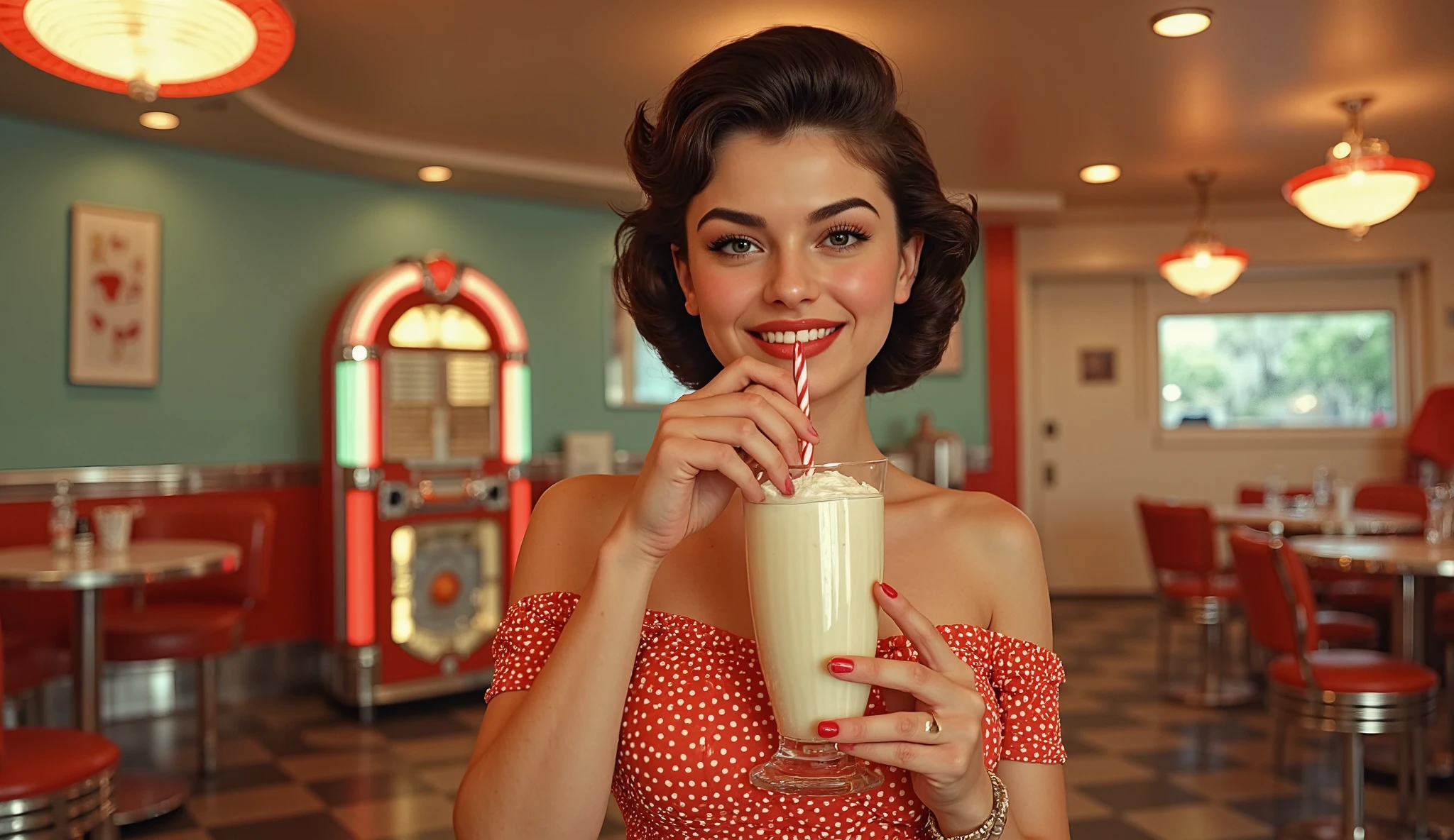 Ultra-realistic scene from the 1950s featuring a charming woman in a classic 1950s-style polka-dot dress with a cinched waist and full skirt, her hair styled in elegant victory rolls. She stands in a retro diner with checkered flooring and a vintage jukebox playing softly in the background. The woman is sipping a milkshake through a striped straw, her radiant smile and sparkling eyes capturing the essence of the era. Soft vintage lighting highlights the nostalgic atmosphere, with details like the chrome accents and neon signs adding to the authentic 1950s feel. The image is captured with a vintage camera lens, emphasizing the timeless charm and elegance of the scene