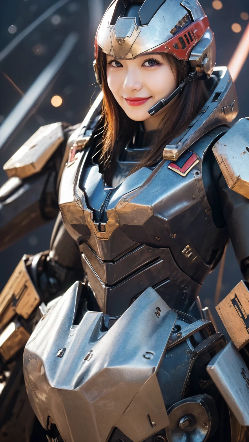 ( iron battlesuit : 1.5), (upper body : 1.5), bangs, smile, (Inside the battleship : 1.5), (space and battleship background  : 1.5), (helmet and iron mask : 1.5), young and adorable Japanese face, Official Art, high definition CG Unity 8k wallpaper,Ultra high definition ,Very detailed, half photos with Brazil, high definition , Kodak Portrait 400, film grain , lens flare glow, best quality,8k, as a portrait shot,8k, Show viewer , ((masterpiece)), (( best quality)), ( super detailed), smile, (( sexy)), (( Very detailedな)), (detailed clothing features), (beautiful), Illustration, beautiful Japanese woman, ((1 female)), (Bold Cleavage : 1.3)