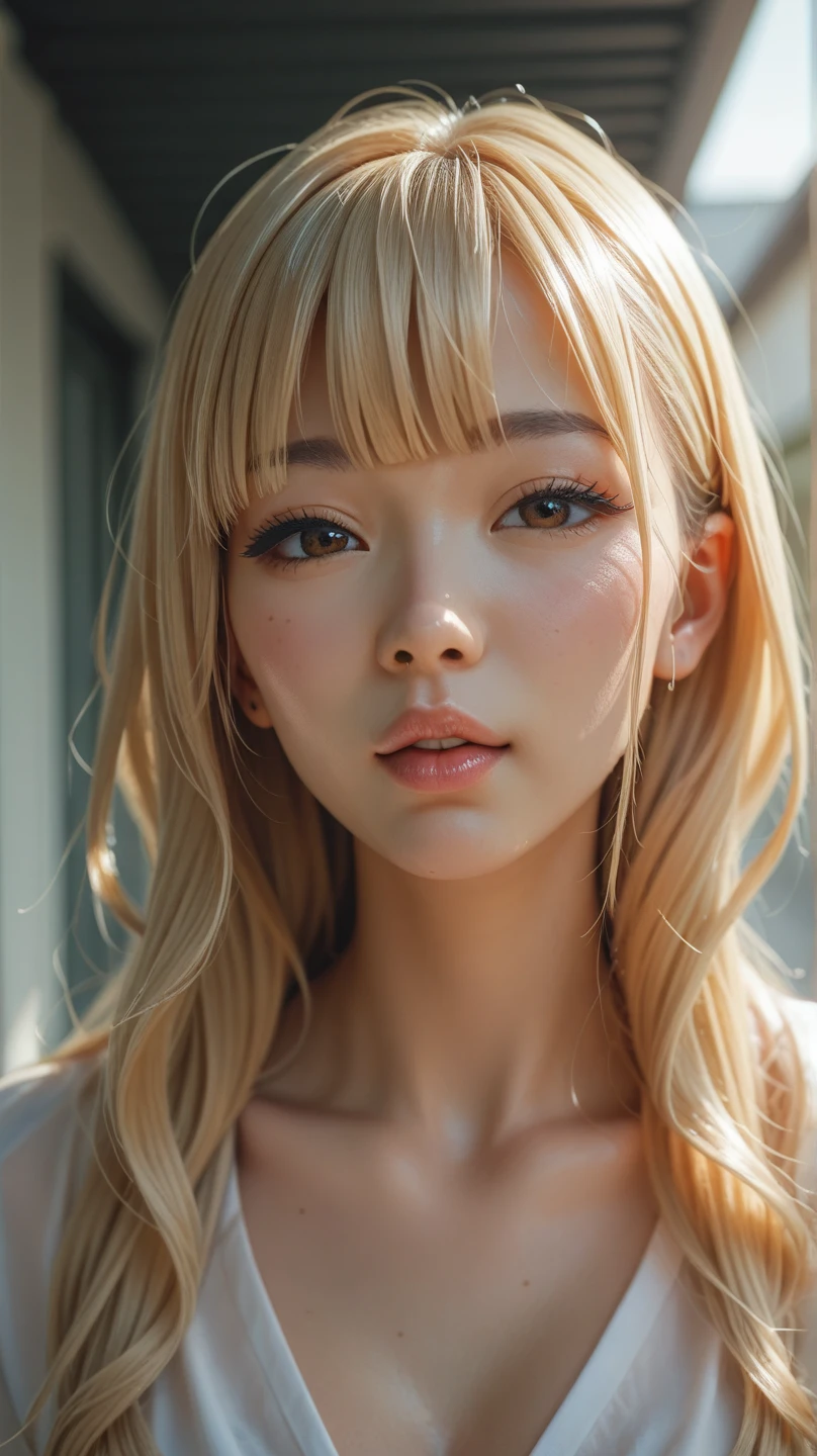 An Asian blonde with long hair bangs 