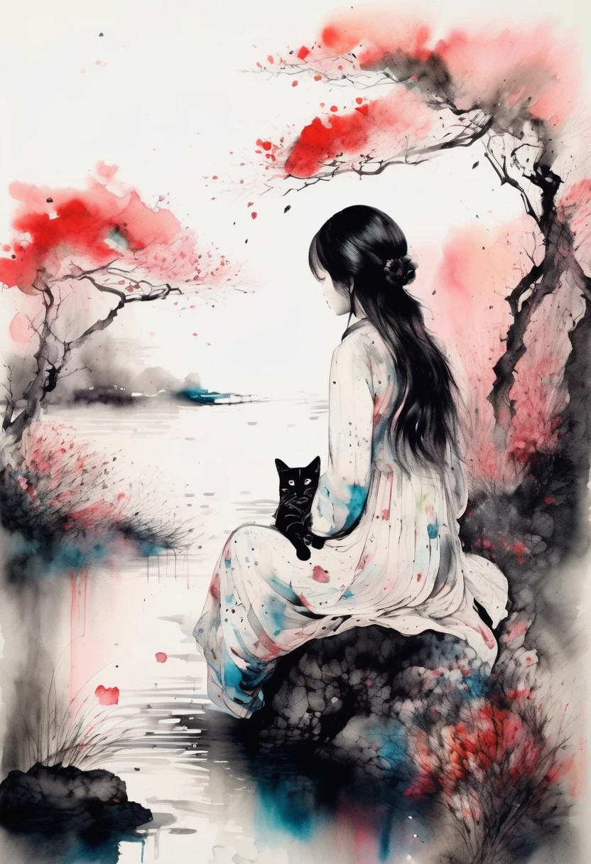  Picture of a beautiful girl holding a cat、Filled with love for cats、愛情deep、chaos、(Ink drawing on Japanese paper, Landscape painting that bleeds easily)、(絵本のようなContemporary Art) ,Dark Side Artistic、Contemporary Art、(Transparent watercolor) (The light itself is reality ) (Soft Layer, vibrant colors、Many colors) (shades of paint dissolved thinly with water) (deep,  Delicate colors ) paint (draw) Black and white:1.4、masterpiece、 top quality、