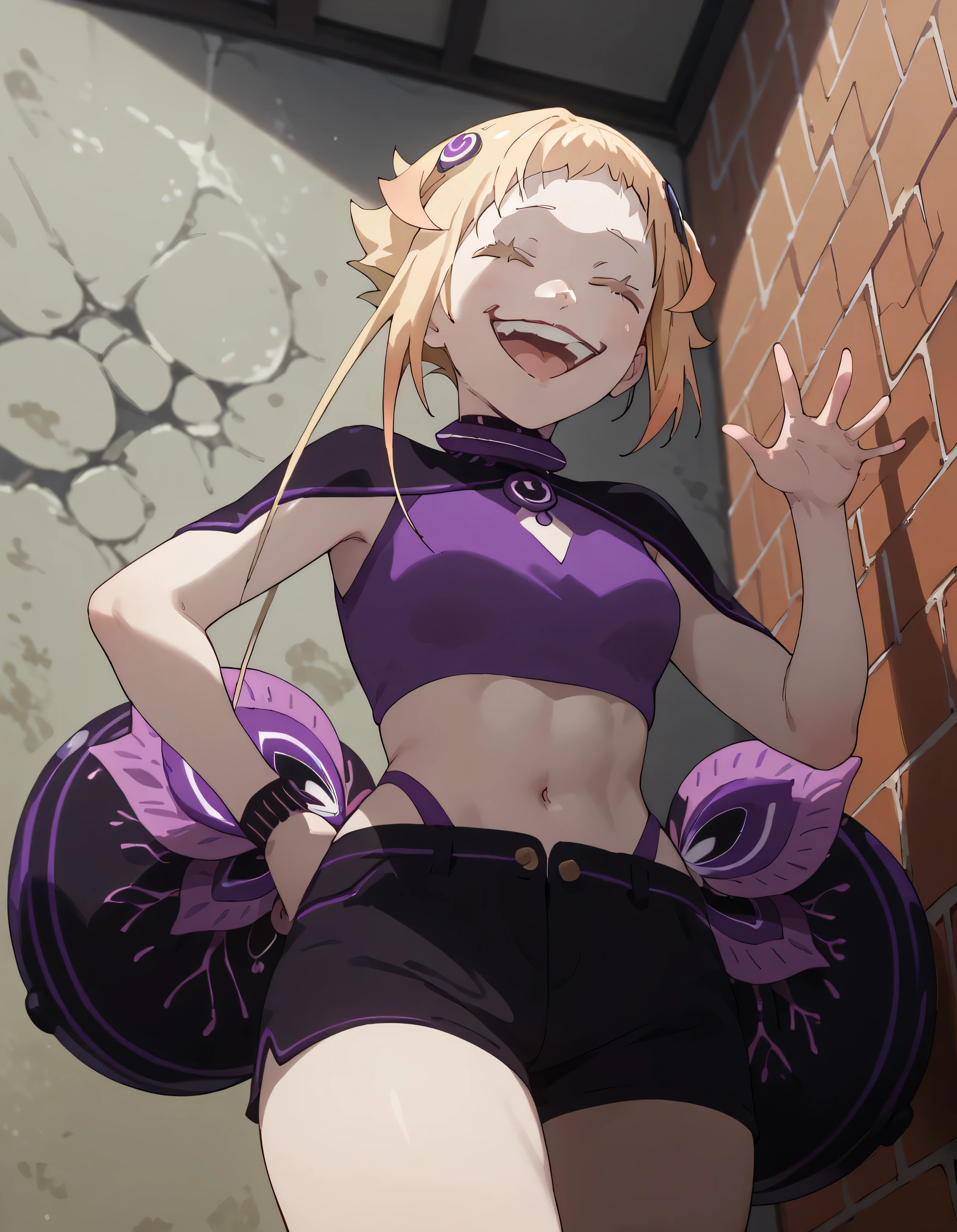 1girl, blonde hair, , ,  shorts, lookin under, , wall, smile, purple brassiere, from below,laugh