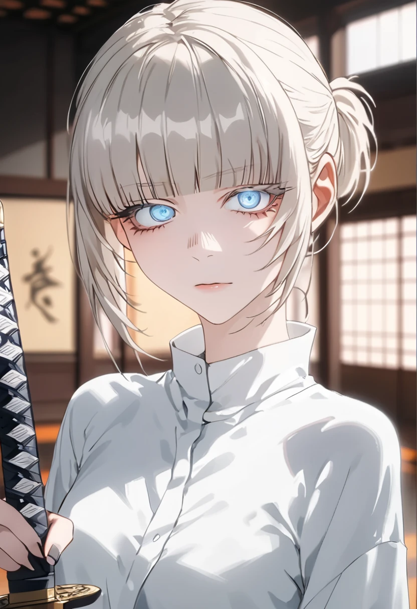 Anime style, 1 girl, 1 sexy girl, white pale skinned girl, porcelain skin, blue eyes, (HAIR: light blonde straight cut, long length, full bangs covering eyebrows, side framing fringe, extra long hair ) (BODY: flat chested, skinny, short )(best quality, 4k, 8k, highres, masterpiece:1.2), ultra-detailed, HDR, UHD, studio lighting, detailed eyes, ultra-fine painting, sharp focus, physically-based rendering, extreme detail description, professional, vivid colors, in a dojo, holding a katana, score_9, score_8_up, score_9_up, source_anime