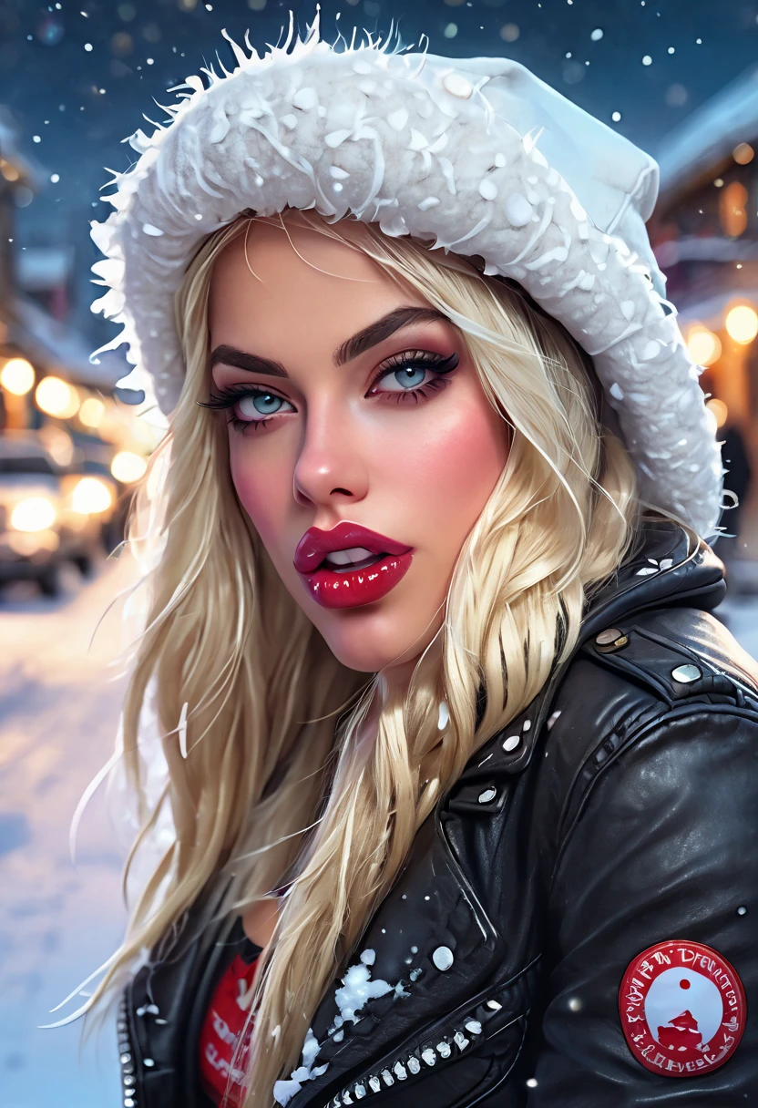 A badass blonde girl, santa hat, beautiful detailed eyes, beautiful detailed lips, extremely detailed face, long eyelashes, confident expression, leather jacket, ripped jeans, high boots, posing in a snowy winter landscape, Christmas lights, fantasy, digital painting, intricate details, hyper realistic, cinematic lighting, vibrant colors, dramatic shadows, warm color palette