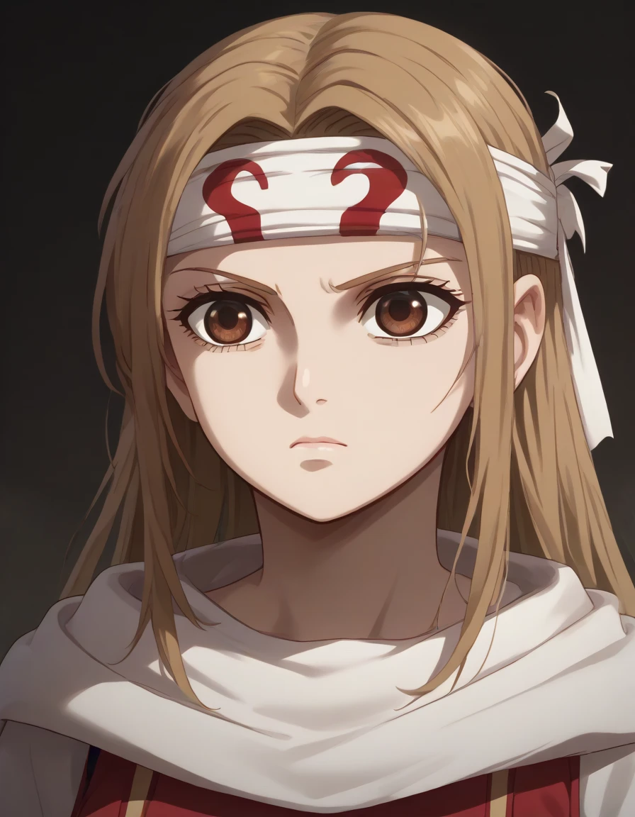 (((empty eyes)))) ((((emotionless)))) ((((expressionless)))) brown eyes very accurate clothing sharp gaze score_9, score_8_up, score_7_up, ((cowl)) headband on forehead detailed clothing beautiful girl kyoukai anime style darken eyes stare cold stare asuna yuuki