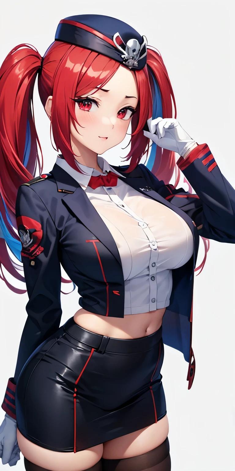 1 Female,High definition,high resolution,Ultra-realistic,8K, 1girl, solo, red hair, red eyes, twintails, employee uniform, pencil skirt, skull print, navy cap, fang, black legwear, white gloves, large breasts,European,sexy,Upper body close-up,Photographed from the front,Dynamic Angles,(blush), (medium tits) , multicolored hair 