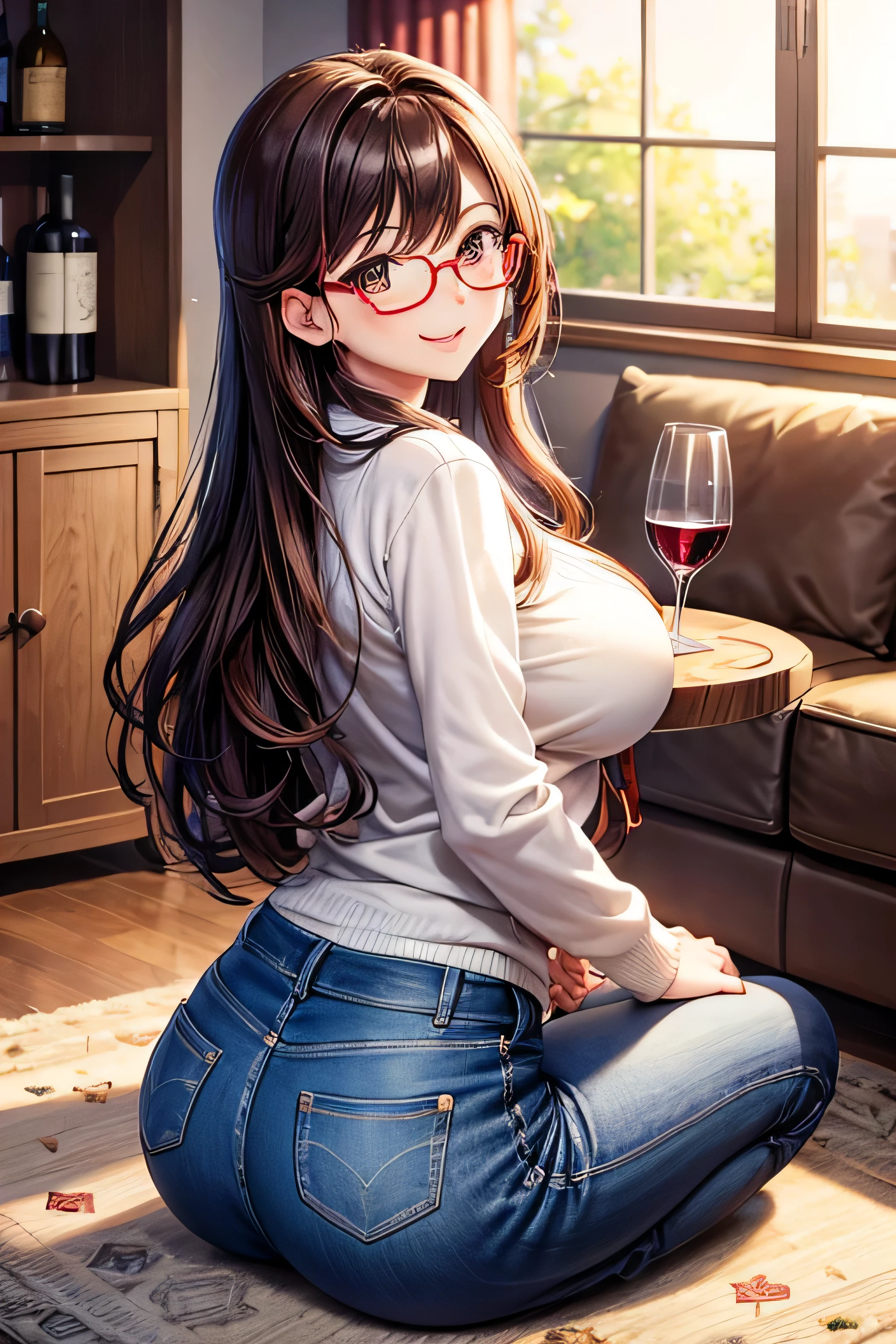 First Love Memories,
Five Fingers, No extra hands needed, 
 anime art style, high definition ,  High Quality ,  1 girl, Long brown hair,  brown eyes,heart shaped pupils,  red glasses, Sunburned skin,  Super Big Breasts , HH size bust,beautiful breasts,( big butt ),beautiful ass,smile, sweater ,jeans, warm room,carpet,椅子に座る,Roast Chicken,  wine glass ,