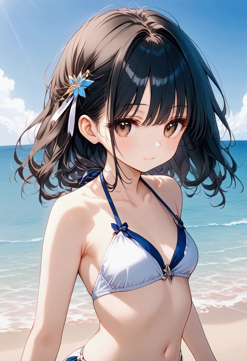 ((masterpiece)), ((best quality)), (ultra-detailed), ((sexy)), (ero), upper body, ocean, beach, a cute girl, 1girl, solo, bikini, beautiful black hair, beautiful brown eyes, ((beautiful eyes)), light brown-skinned, light smile, wetted by water