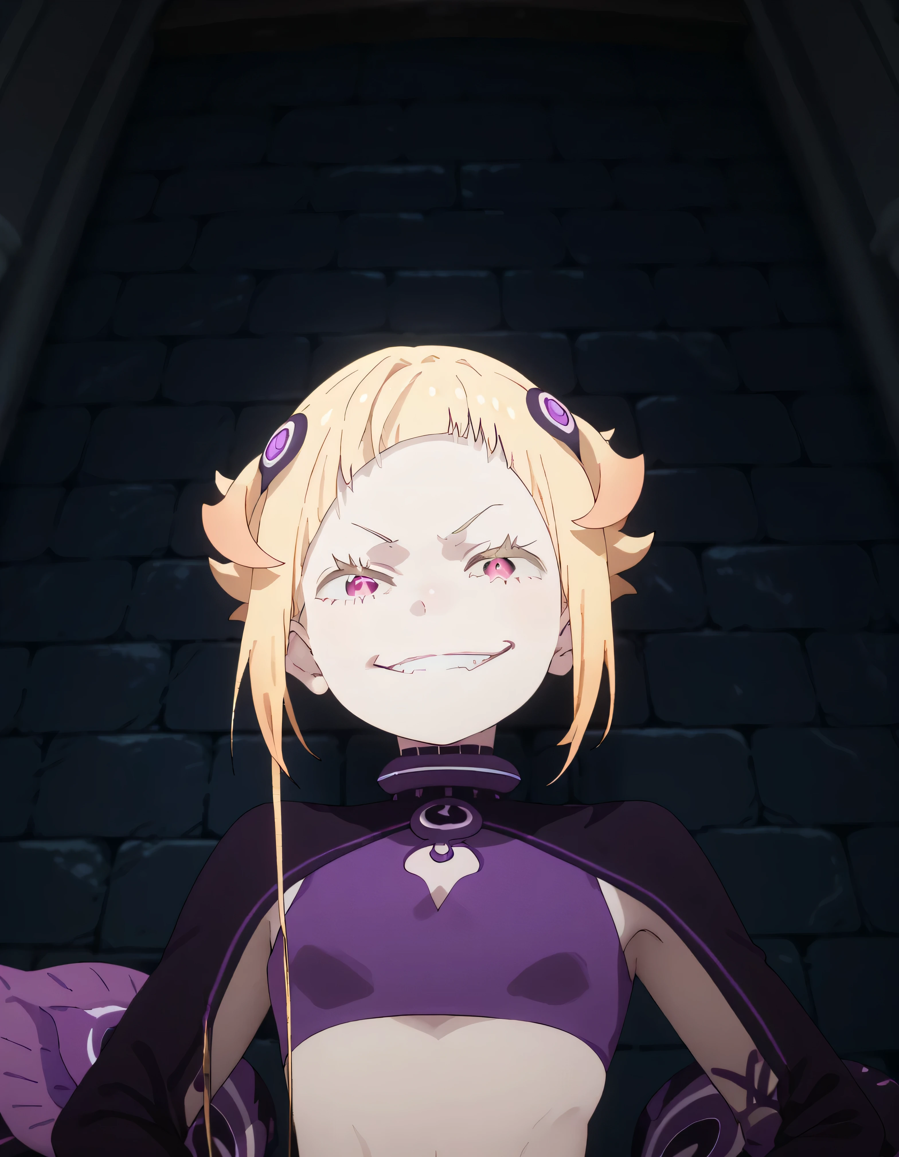 1girl, blonde hair, , ,  , lookin under, , wall, smile, purple brassiere, from below,evil smirk, small loli,