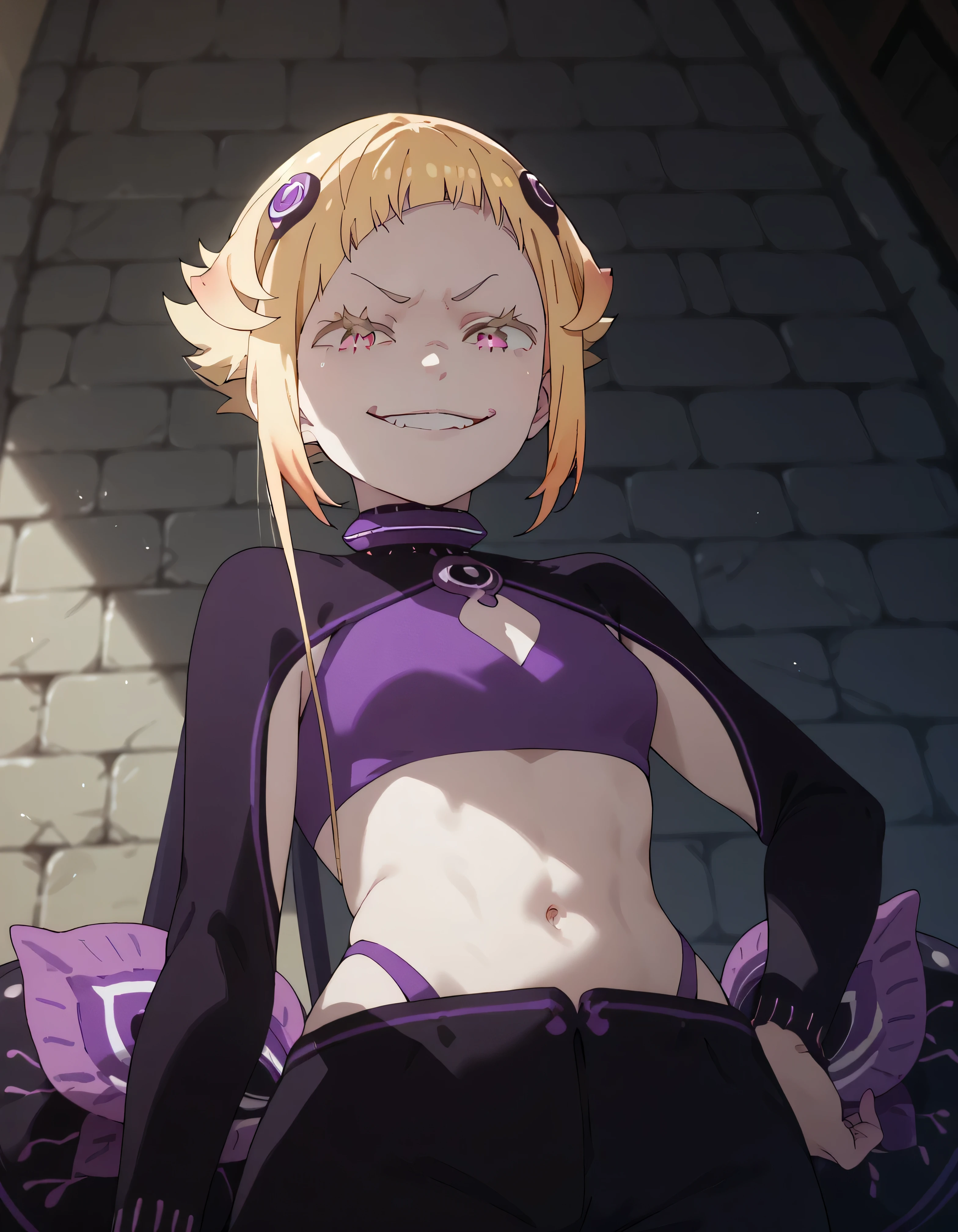 1girl, blonde hair, , ,  , lookin under, , wall, smile, purple brassiere, from below,evil smirk, small loli,