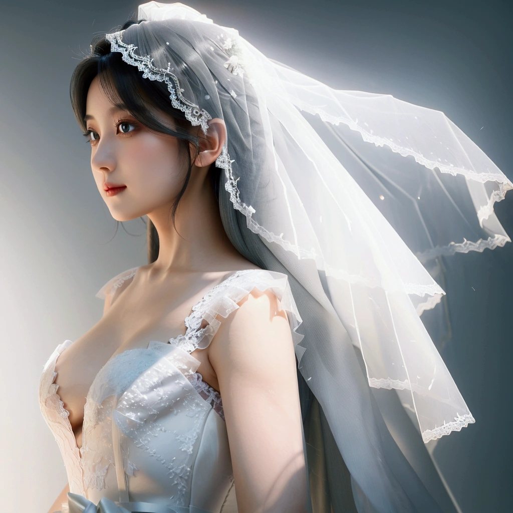 (((nffsw))), (((masutepiece))), (((8K))), (((hight resolution))), (((surrealism))), (((Cinematic lighting))), god rays, Zoom Layer, (((FULL BODYSHOT))), F/4.0, canon, Shiny skin,Detailed skin,Detailed face, Detailed eyes, Beautiful Japan Bride, No top, Beautiful wedding church, a white veil, Bra exposed upper body, white lace bra, Wedding dresses for the lower body only, Small , silver earing, Diamond Necklace, Mystical sight, confeti, Light shines through large windows