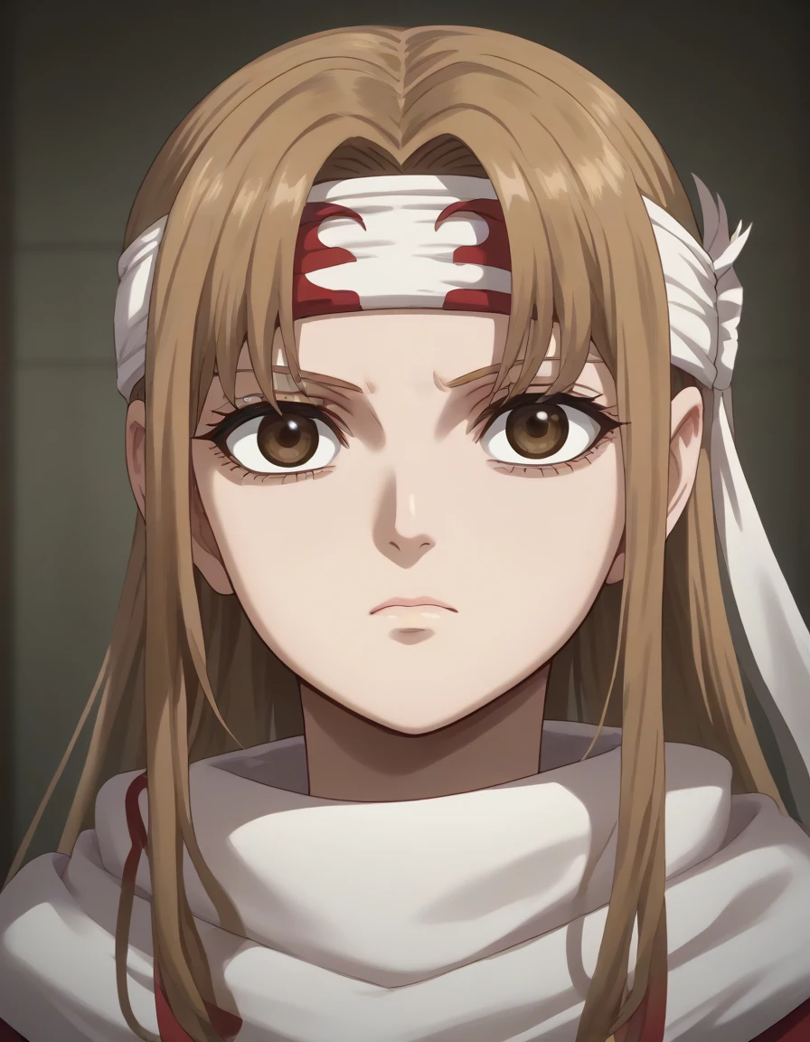 (((empty eyes)))) ((((emotionless)))) ((((expressionless)))) brown eyes very accurate clothing sharp gaze score_9, score_8_up, score_7_up, ((cowl)) headband on forehead detailed clothing beautiful girl kyoukai anime style darken eyes stare cold stare asuna yuuki