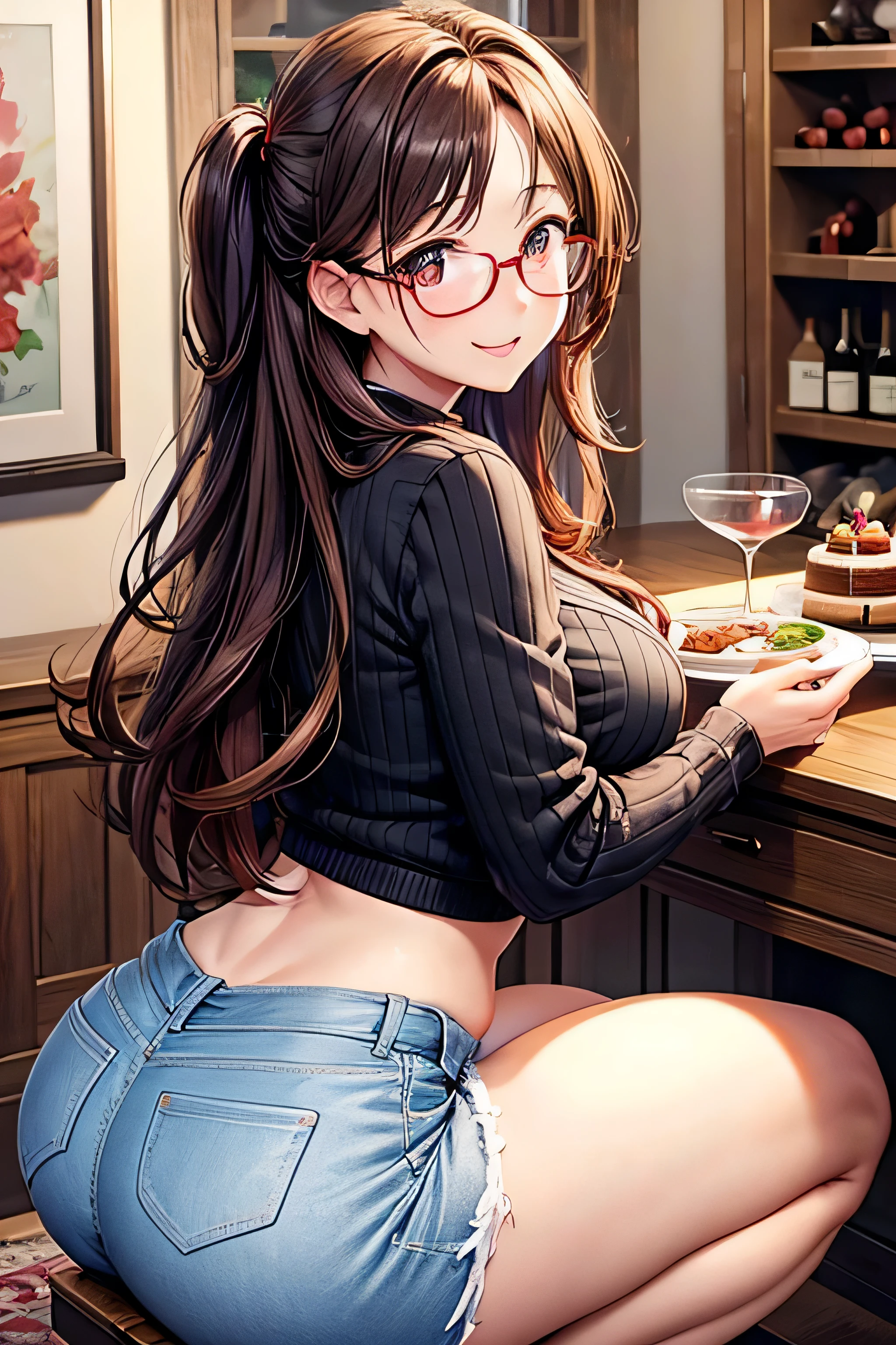 First Love Memories,
Five Fingers, No extra hands needed, 
 anime art style, high definition ,  High Quality ,  1 girl, Long brown hair,  brown eyes,heart shaped pupils,  red glasses, Sunburned skin,  Super Big Breasts , HH size bust,beautiful breasts,( big butt ),beautiful ass,smile, sweater ,jeans, warm room,carpet,椅子に座る,Roast Chicken,  wine glass ,