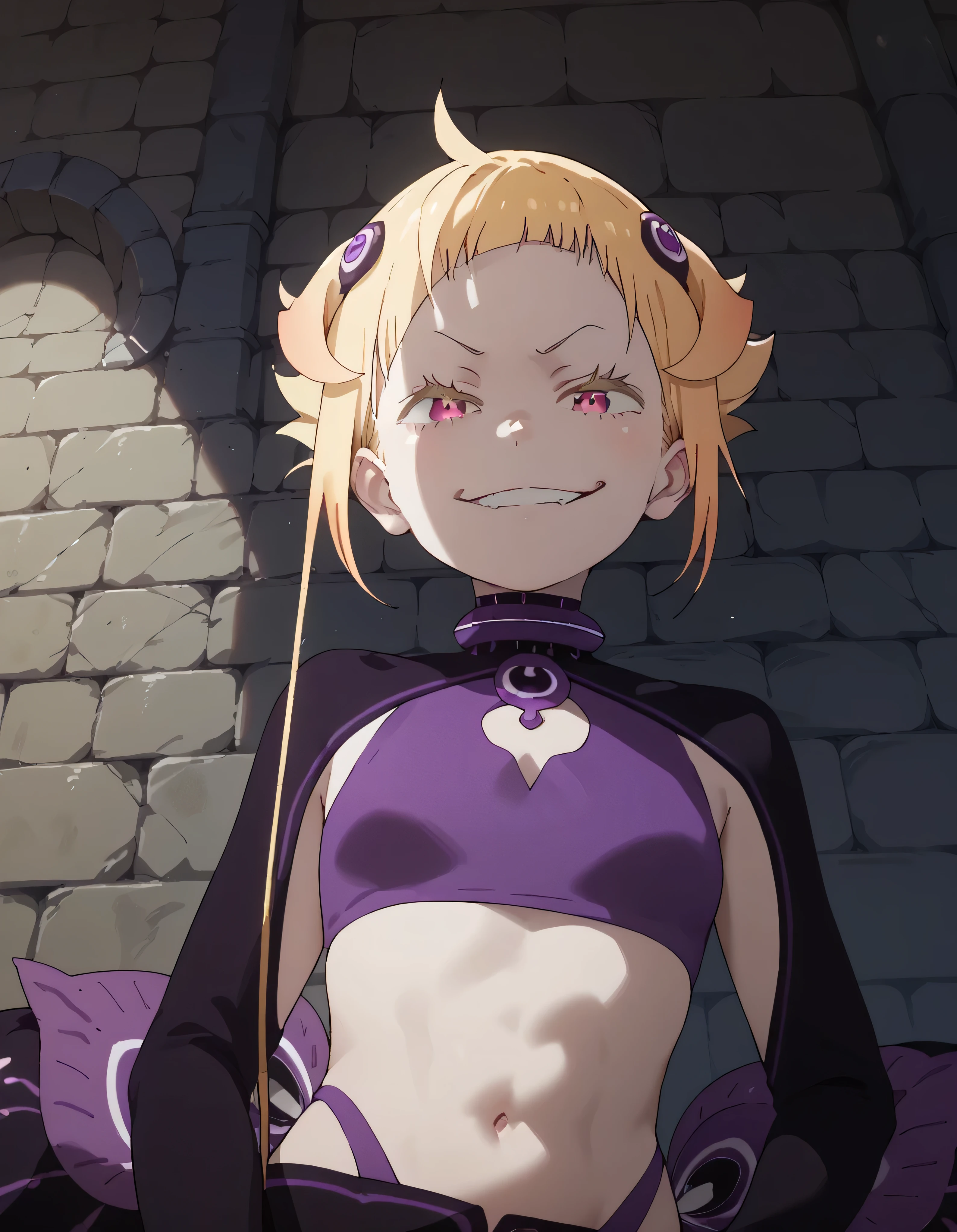 1girl, blonde hair, , ,  , lookin under, , wall, smile, purple brassiere, from below,evil smirk, small loli,