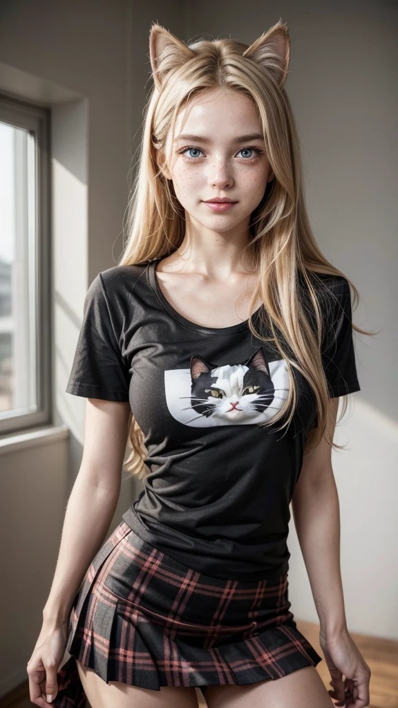 UHD, masterpiece, best quality, A beautiful cat-woman, long blonde hair with white highlights, blonde cat ears. Bright gray eyes, perfect gray eyes, (Realistic freckles:1.2). Her face is extremely cute with a lustful smile. Her body is small, thin body, medium breasts. (Black t-shirt:1.3), (plaid skirt black and red:1.1). Her legs are thin with soft and beautiful skin, beautiful legs