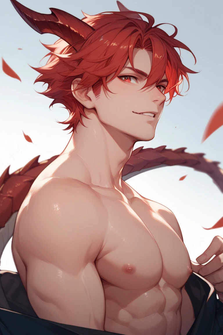 man-dragon, white-red hair, short hair, red horns, red eyes, dragon tail