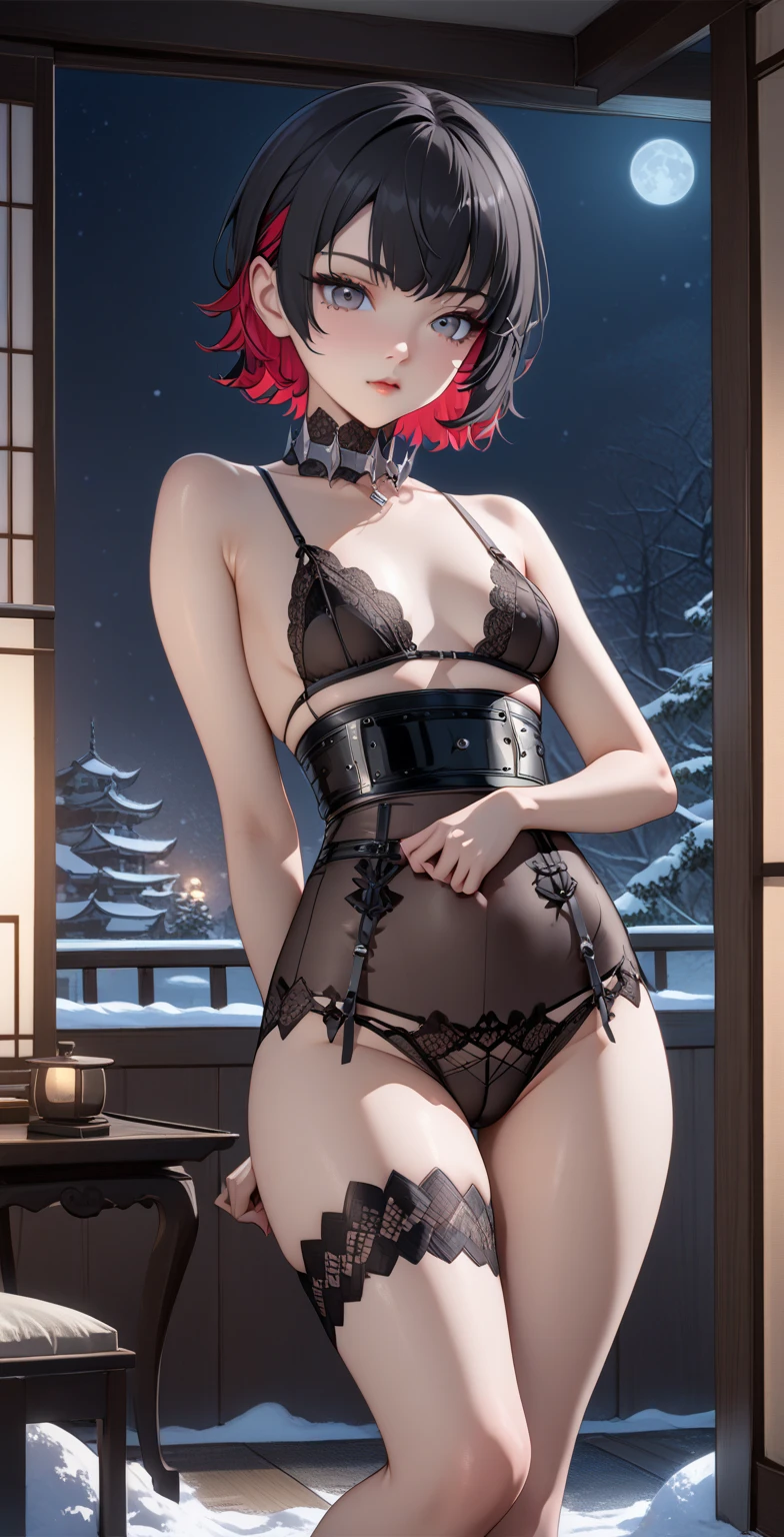 A woman with caremal skin tone with red hair till her thighs and wearing transparent lingerie with big  and embarrase shy full body with shoes 