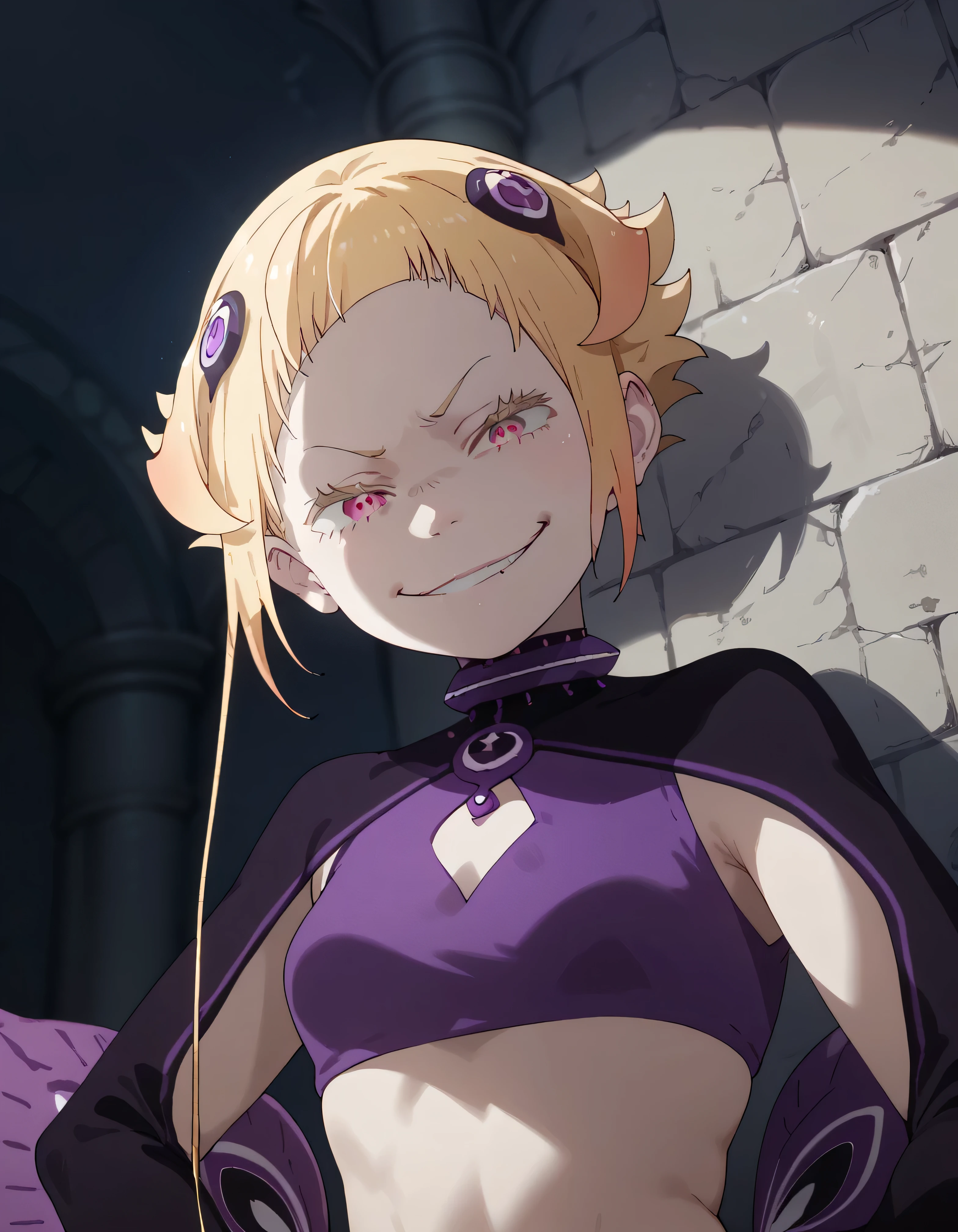 1girl, blonde hair, , ,  , lookin under, , wall, smile, purple brassiere, from below,evil smirk, small loli,