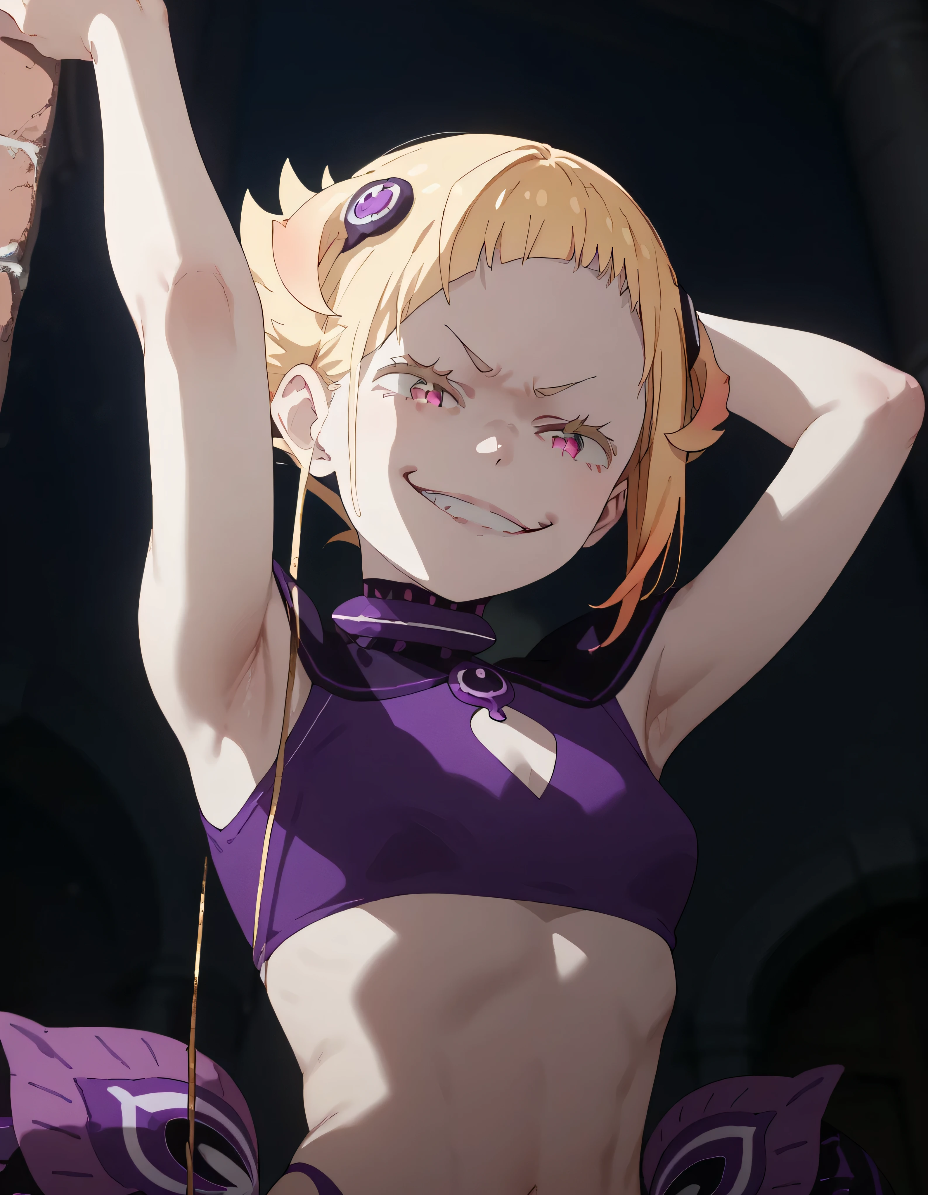 1girl, blonde hair, , ,  , lookin under, , wall, smile, purple brassiere, from below,evil smirk, small loli,armpit