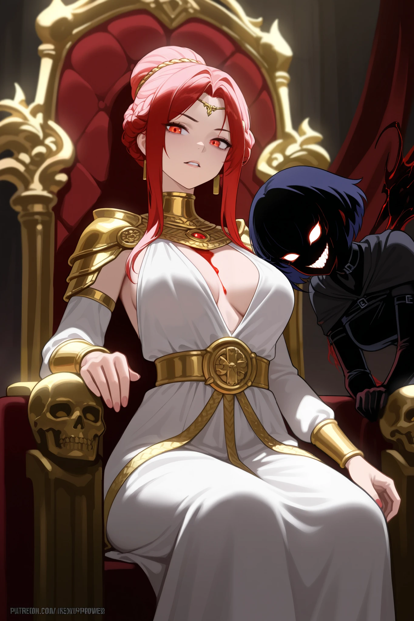 Masterpiece, great job, upscale, dark fantasy Anime-style illustration of a ruthless, tyrannical empress with a sharp, commanding Roman hairstyle, sitting upon an intimidating, gothic throne. She wears ancient Roman attire, deep blood red with dark, intricate gold details, and heavy drapery. Her gown is adorned with sharp, oppressive patterns and a wide, harsh gold belt that symbolizes her absolute rule. The atmosphere is dark and oppressive, with ominous shadows casting across her face, highlighting her cold, authoritative gaze. Her posture is commanding, exuding sheer power, cruelty, and superiority, as though the very throne she sits upon bends to her will.